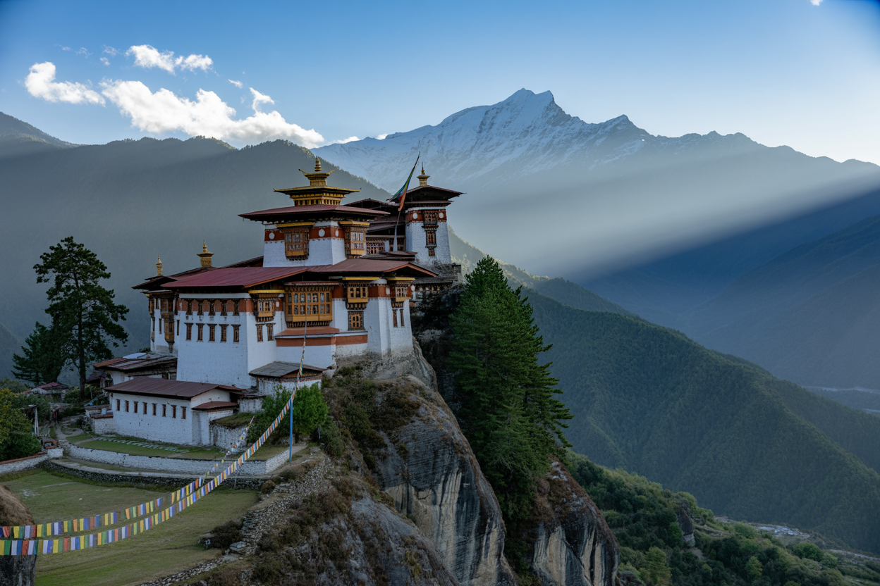 Create a realistic image of a serene Bhutanese monastery perched on a mountainside with traditional colorful prayer flags fluttering in the wind, showcasing the majestic snow-capped Himalayan peaks in the background, lush green valleys below, and a peaceful atmosphere with soft golden sunlight filtering through morning mist, capturing the essence of spiritual tranquility and natural beauty that embodies Bhutan's unique philosophy of happiness and well-being, absolutely NO text should be in the scene.