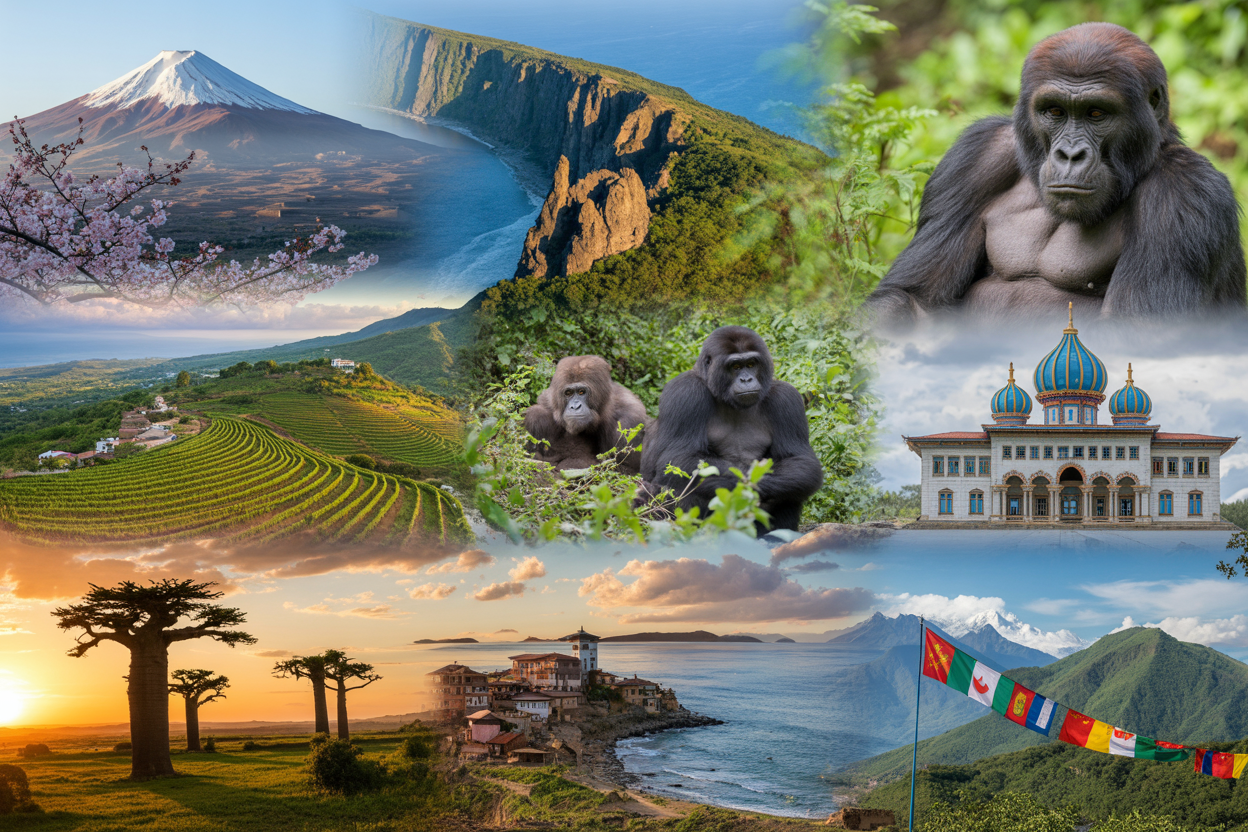Create a realistic image of a diverse collage-style composition featuring iconic landmarks and natural wonders from multiple countries including Mount Fuji with cherry blossoms, Portuguese coastal cliffs, Colombian coffee plantations, Rwandan mountain gorillas in lush greenery, Georgian vineyard terraces, Uzbek Islamic architecture with blue domes, Madagascar baobab trees at sunset, Albanian Mediterranean coastline, and Bhutanese prayer flags against Himalayan peaks, all seamlessly blended together in a harmonious travel montage with warm golden hour lighting creating an inspiring and wanderlust-inducing atmosphere, absolutely NO text should be in the scene.