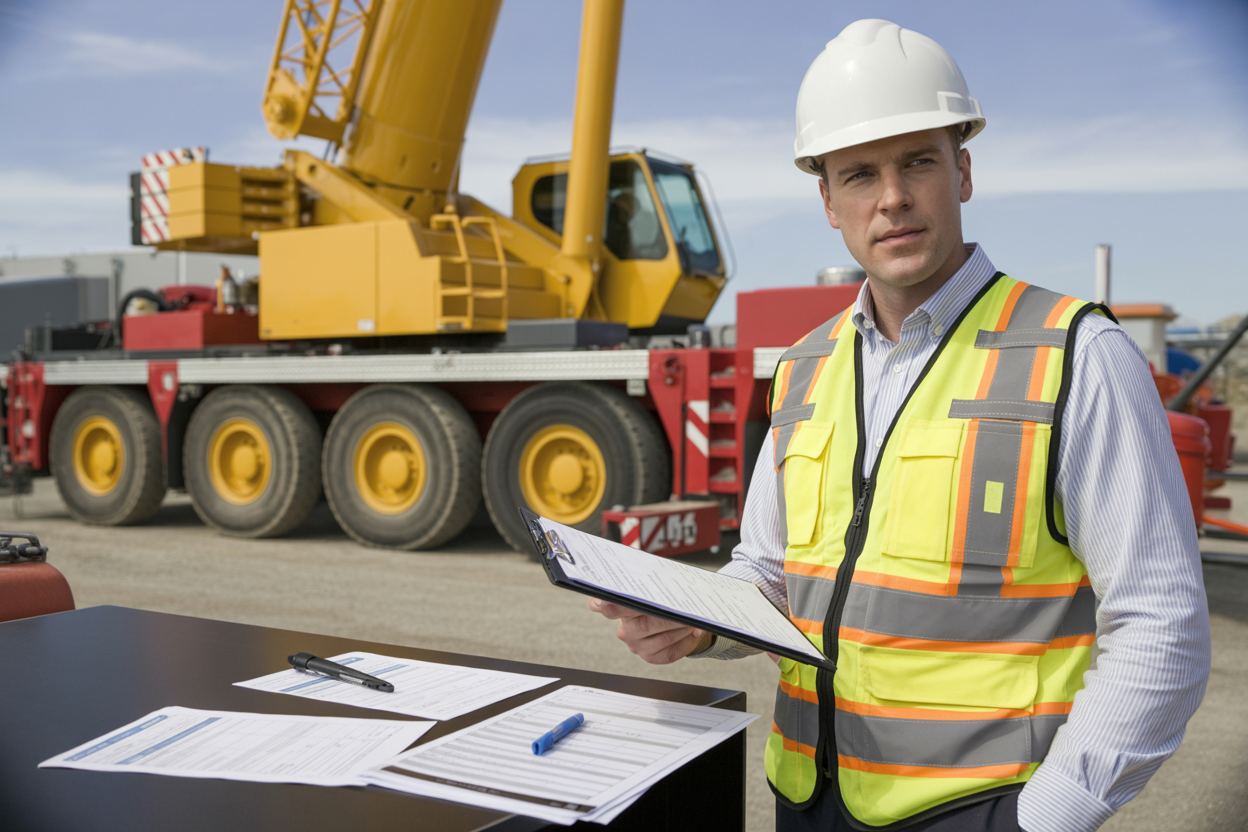 Create a realistic image of a white male safety inspector in a hard hat and high-visibility vest standing next to a large mobile crane at a construction site, holding a clipboard with inspection forms and a pen, with safety documentation papers and checklists spread out on a nearby table, industrial construction equipment visible in the background under bright daylight conditions, professional workplace atmosphere, absolutely NO text should be in the scene.
