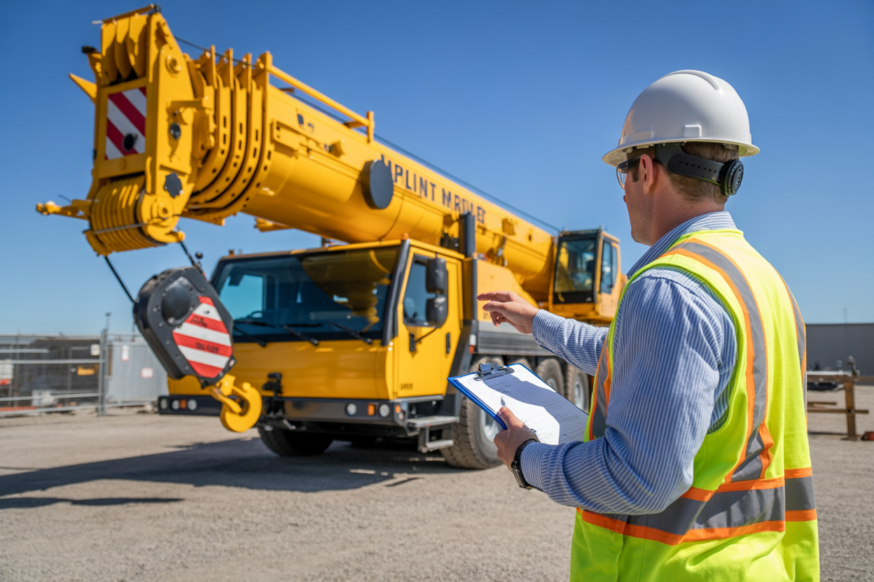 Create a realistic image of a white male safety inspector in a hard hat and high-visibility vest conducting a visual external inspection of a large yellow mobile crane, closely examining critical components including the boom, outriggers, hydraulic cylinders, and hook assembly, with the inspector holding a clipboard and pointing at specific parts of the crane, set in an industrial construction site during bright daylight with clear blue sky in the background, absolutely NO text should be in the scene.
