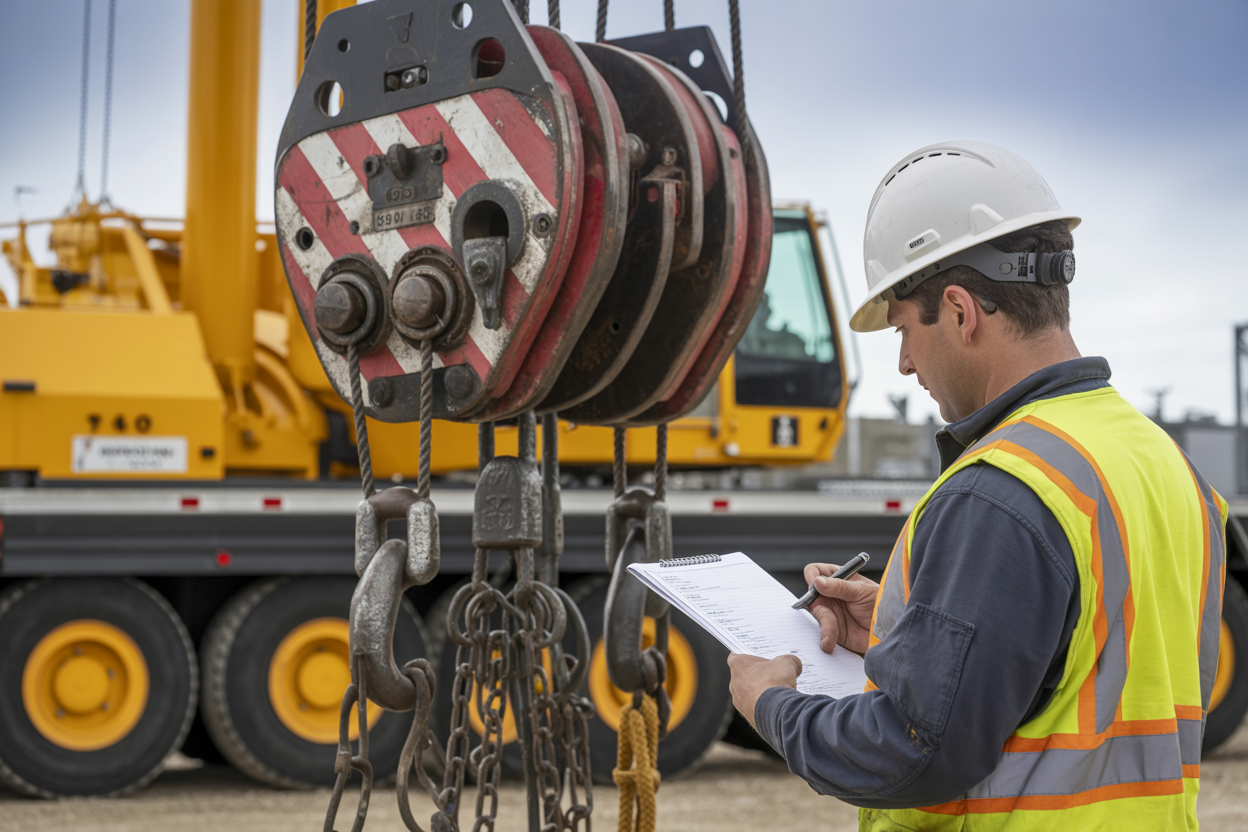 Create a realistic image of a close-up view of a mobile crane's load block and rigging hardware being inspected, showing heavy-duty steel hooks, shackles, wire rope slings, and lifting chains in sharp detail, with a white male safety inspector wearing a hard hat and high-visibility vest examining the equipment with a checklist, set against an industrial construction site background with soft natural daylight illuminating the metallic surfaces and highlighting any wear points or safety-critical components, absolutely NO text should be in the scene.