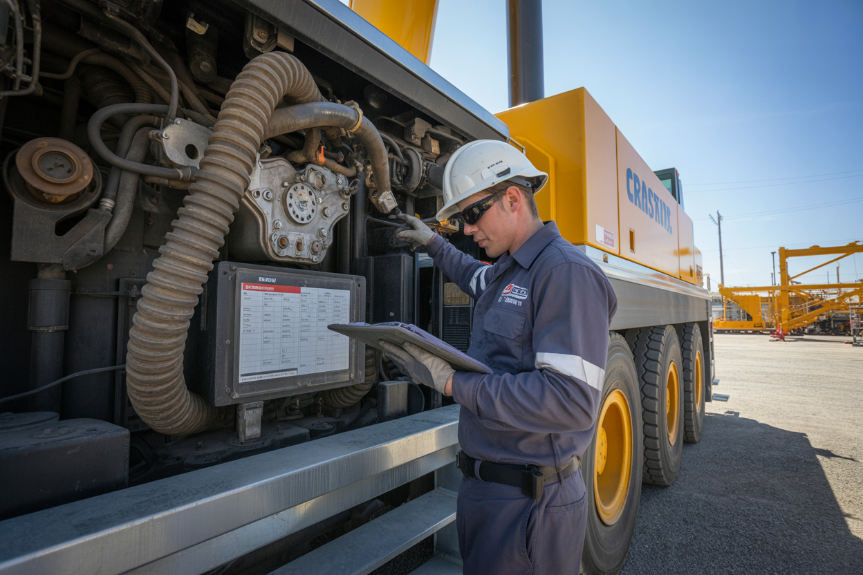 Create a realistic image of a white male crane technician in safety gear inspecting the engine compartment of a large mobile crane, showing him examining mechanical components like hydraulic hoses, engine parts, and fluid levels with a checklist tablet in hand, set in an industrial construction yard with other heavy equipment visible in the background under bright daylight, capturing a professional and focused maintenance inspection scene. Absolutely NO text should be in the scene.