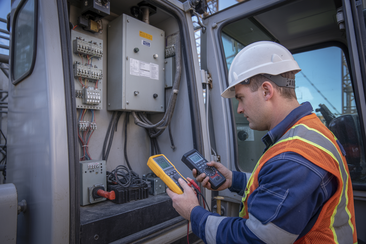 Create a realistic image of a white male technician in safety gear conducting electrical system testing on a mobile crane, focused on the crane's control panel and electrical components with digital multimeter and testing equipment in his hands, industrial construction site background with proper lighting, professional inspection atmosphere, close-up view showing electrical control box with wires and circuits visible, absolutely NO text should be in the scene.