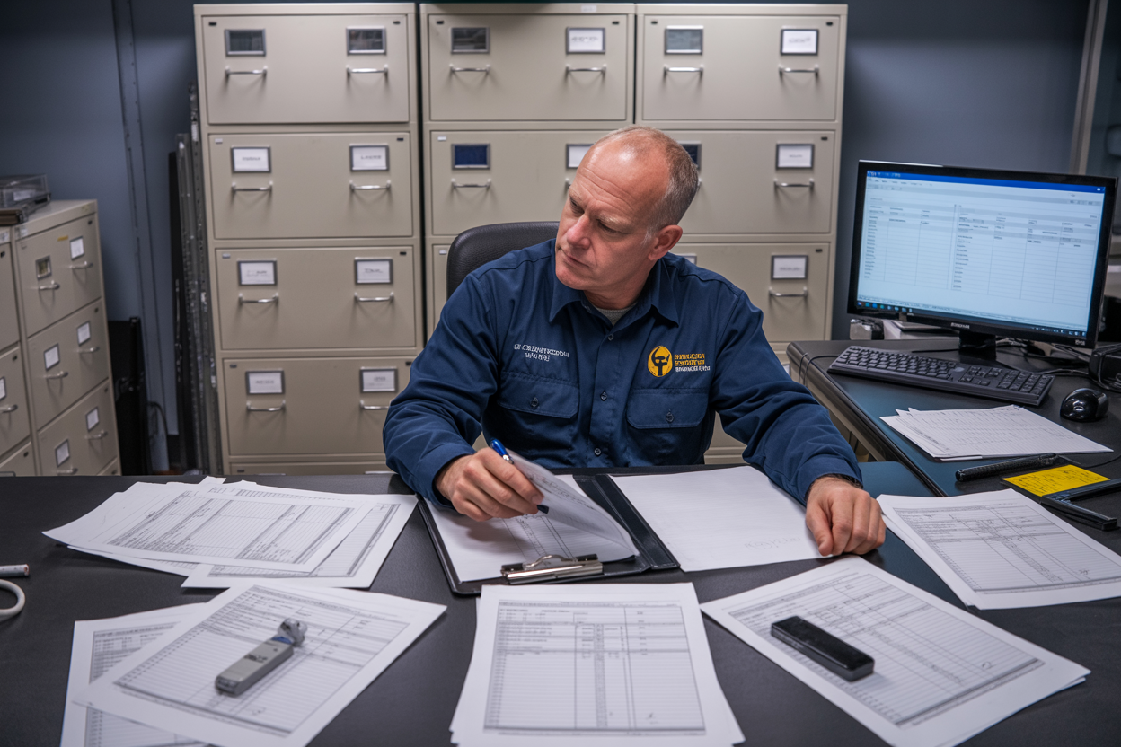 Create a realistic image of a white male safety inspector sitting at a desk reviewing mobile crane inspection documents, with organized filing cabinets in the background, multiple inspection checklists and compliance forms spread across the desk, a clipboard with safety documentation, a computer monitor displaying digital records, professional office lighting, and a focused work environment atmosphere, absolutely NO text should be in the scene.
