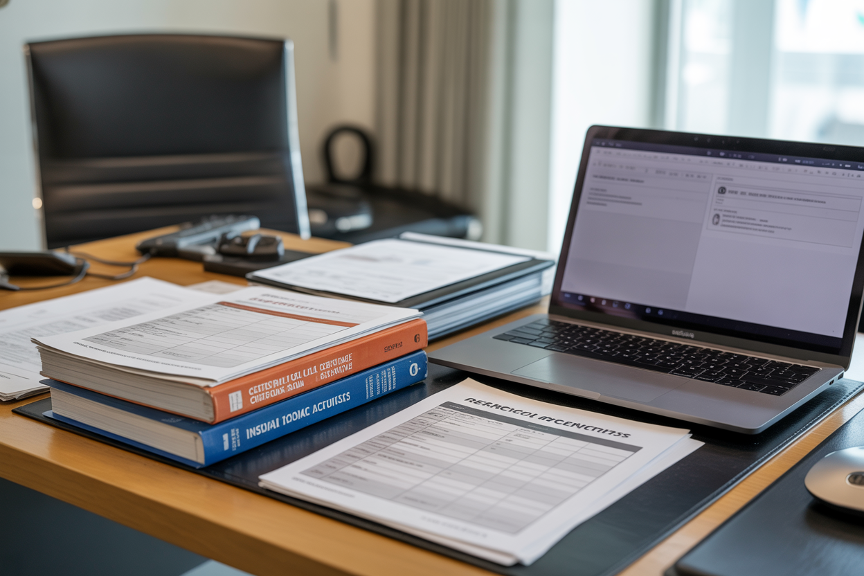 Create a realistic image of a professional office desk with organized stacks of safety manuals, technical documents, and inspection checklists scattered across the surface, alongside a laptop computer displaying reference materials, with safety certification books, industry standard guides, and mobile crane documentation visible, set against a clean office background with natural lighting from a window, creating a studious and professional atmosphere that conveys research and reference gathering for crane safety inspection guidelines, absolutely NO text should be in the scene.