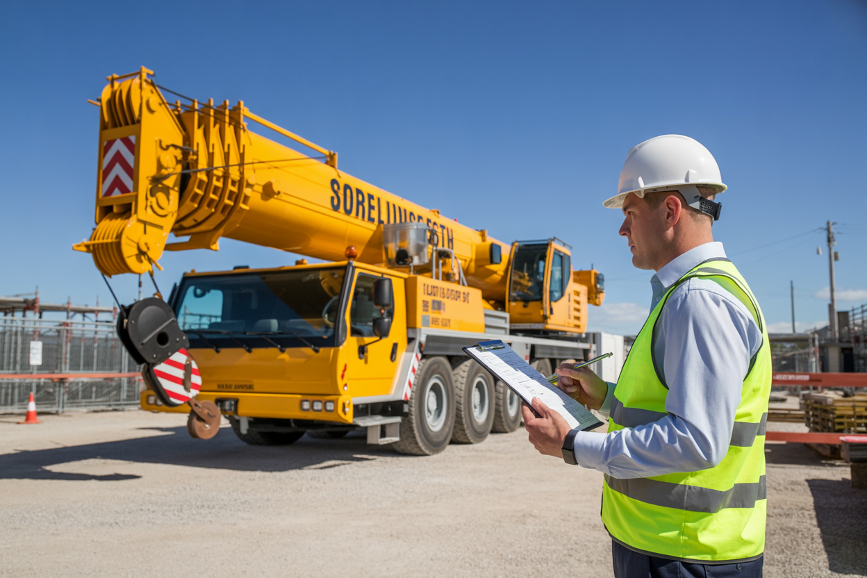 Create a realistic image of a large yellow mobile crane parked on a construction site with a white male safety inspector in high-visibility vest and hard hat standing beside it holding a completed inspection checklist on a clipboard, with the crane's boom extended upward against a clear blue sky, surrounded by construction equipment and materials in the background, conveying a sense of completed safety inspection and professional compliance, with natural daylight illuminating the scene. Absolutely NO text should be in the scene.
