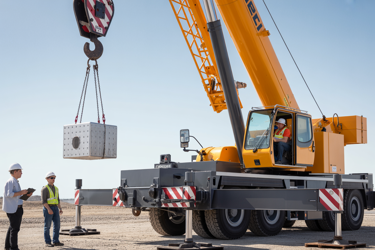 Create a realistic image of a large mobile crane in an industrial construction site performing a load test with a heavy test weight suspended from its hook, showing the crane's boom extended at a moderate angle, with a white male crane operator visible in the cab wearing a hard hat and high-visibility vest, safety personnel with clipboards observing from a safe distance, construction site background with clear daylight lighting, professional industrial atmosphere focused on safety testing procedures, absolutely NO text should be in the scene.