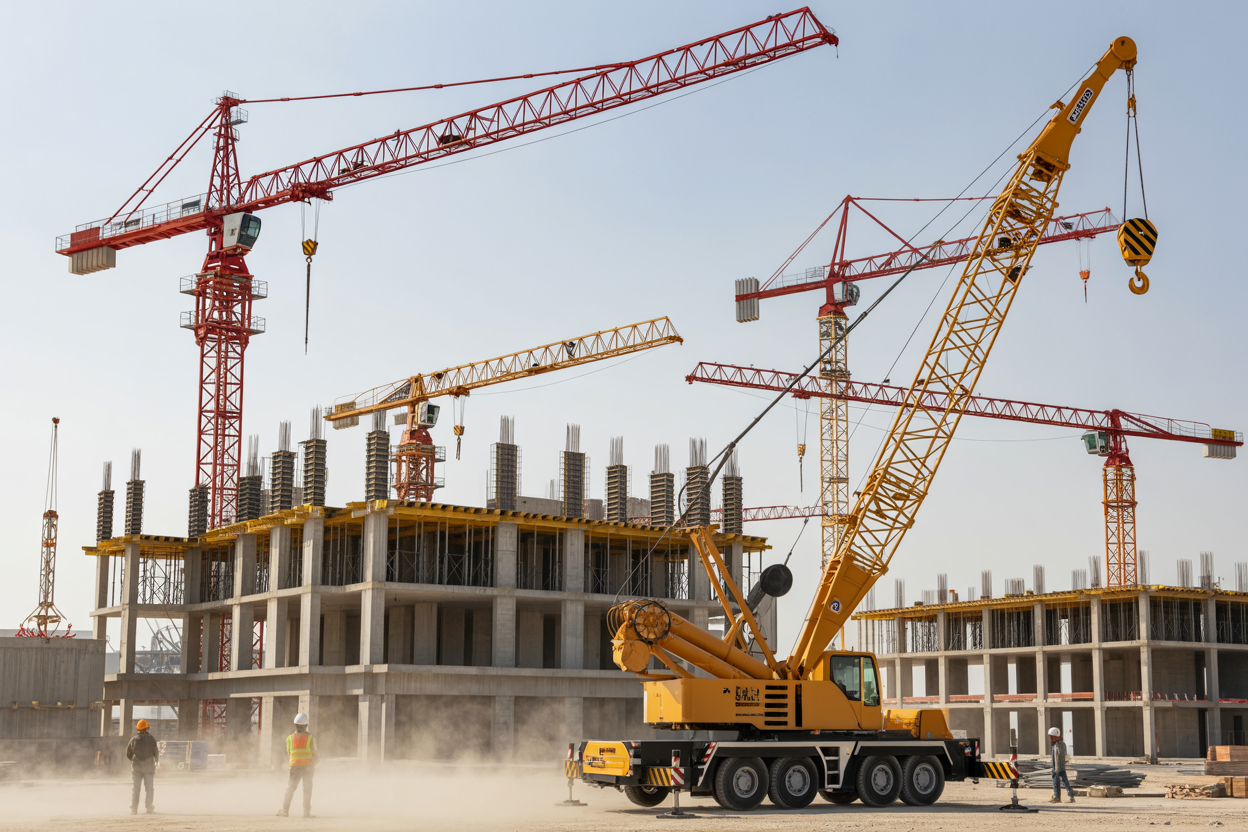 Create a realistic image of multiple construction cranes of different types positioned on an active construction site, including a tower crane, mobile crane, and crawler crane working simultaneously on various building projects, with concrete structures and steel frameworks in different stages of completion, construction workers wearing hard hats and safety vests visible in the background, bright daylight with clear sky, dusty construction environment with building materials scattered around, showcasing the scale and diversity of crane operations in modern construction, absolutely NO text should be in the scene.