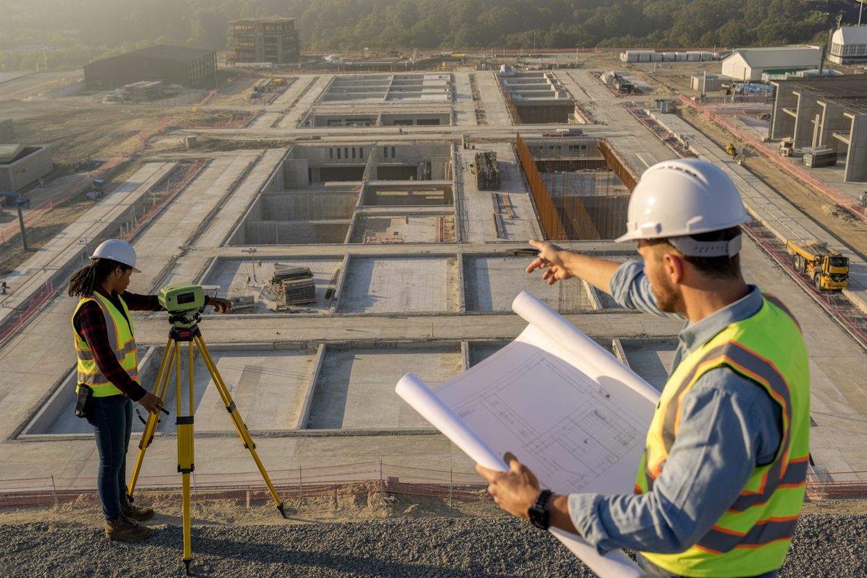 Create a realistic image of a construction site aerial view showing engineers and surveyors evaluating spatial constraints, featuring a white male construction manager in a hard hat and safety vest holding blueprints while pointing at different areas of the site, a black female surveyor using measuring equipment near building foundations, multiple construction zones with varying elevation levels, existing buildings creating space limitations, overhead power lines, narrow access roads, material storage areas, and construction equipment positioned around the perimeter, captured during golden hour lighting with clear visibility of spatial challenges and site boundaries, professional construction atmosphere. Absolutely NO text should be in the scene.