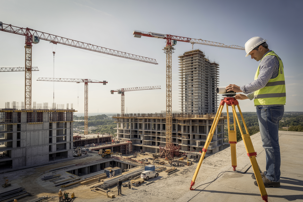 Create a realistic image of a construction site aerial view showing multiple cranes of different heights and reach capabilities positioned around a large building project, with a white male construction engineer in a hard hat and safety vest standing on elevated ground measuring distances with surveying equipment, the scene includes tall residential towers under construction, concrete foundations, steel framework, and construction vehicles scattered throughout the site, bright daylight with clear skies creating sharp shadows that emphasize the varying crane heights and reach zones, absolutely NO text should be in the scene.