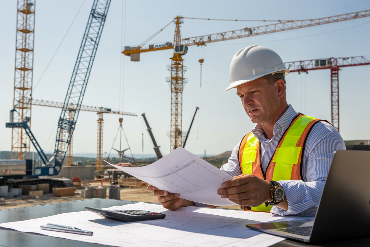 Create a realistic image of a construction site meeting scene with a white male project manager in a hard hat and safety vest sitting at a temporary outdoor table reviewing financial documents and crane specification sheets, with multiple construction cranes of different sizes visible in the background including a tower crane and mobile crane, calculator and laptop on the table, bright daylight with clear sky, professional business atmosphere focused on budget planning and cost analysis, Absolutely NO text should be in the scene.