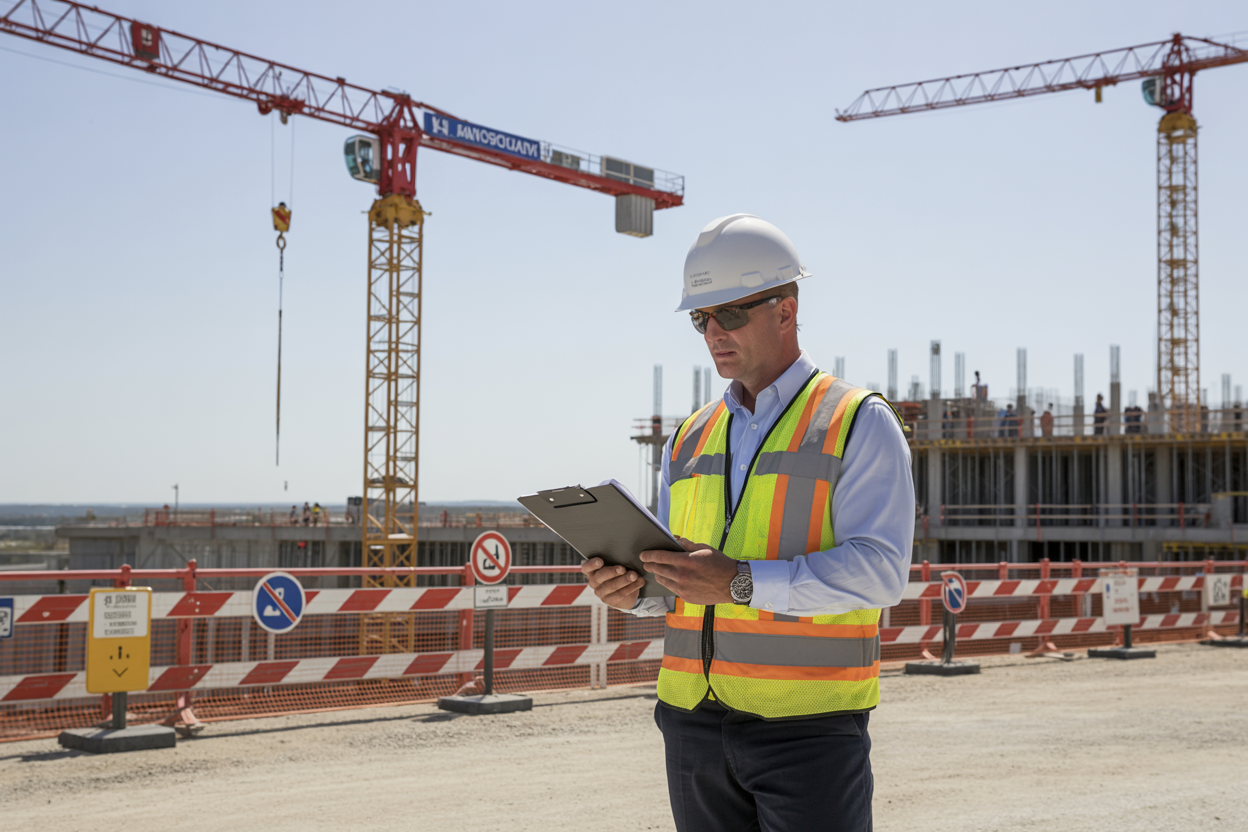 Create a realistic image of a construction site with a large crane in the background, showing a white male construction supervisor in a hard hat and high-visibility safety vest holding a clipboard and reviewing safety documents, with visible safety signage, barriers, and compliance equipment around the work area, under bright daylight with clear professional lighting that emphasizes the organized and regulated nature of the construction environment, absolutely NO text should be in the scene.