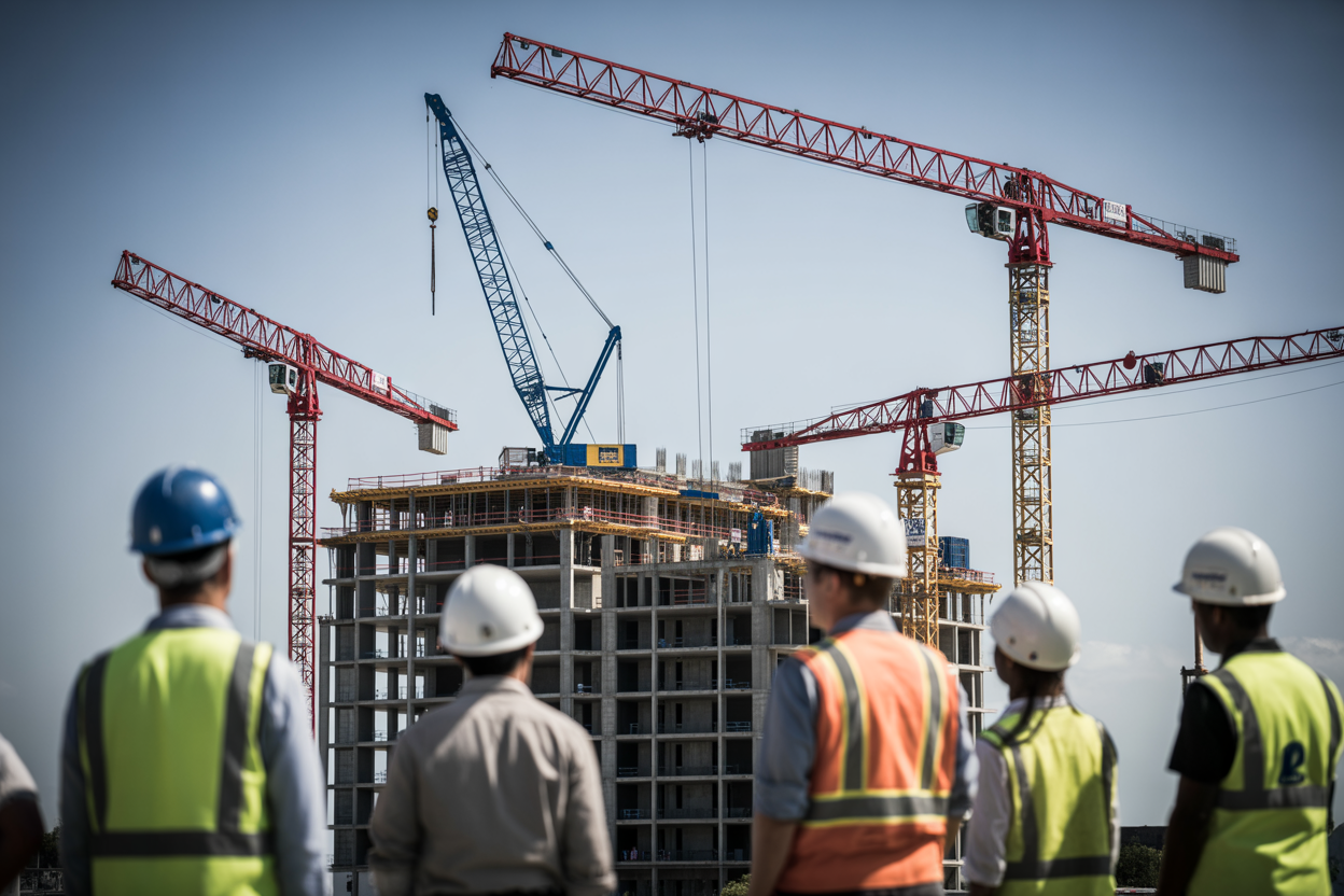 Create a realistic image of a modern construction site showcasing multiple types of cranes including a tower crane, mobile crane, and crawler crane working together on a large building project, with construction workers wearing safety helmets and high-visibility vests observing the operations, featuring a diverse group including white male and black female workers, set against a backdrop of a partially completed high-rise building with steel framework visible, bright daylight with clear blue sky, professional construction environment with organized equipment and materials, emphasizing the scale and complexity of crane operations in modern construction, absolutely NO text should be in the scene.
