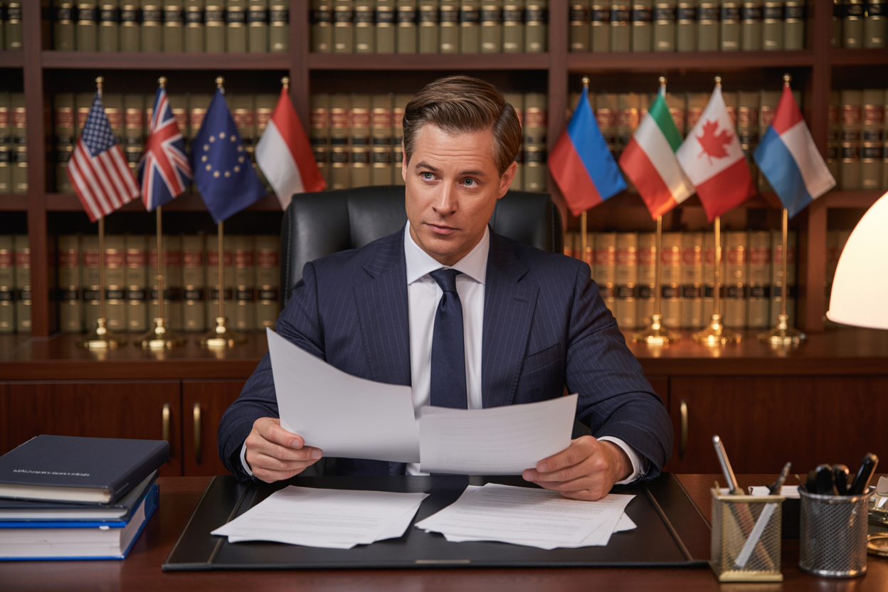Create a realistic image of a professional white male lawyer in a dark business suit sitting at a mahogany desk in a modern law office, reviewing legal documents and airline regulation papers, with multiple national flags (US, EU, UK, Canada) displayed on small stands behind him on a bookshelf filled with legal volumes, warm ambient lighting from a desk lamp illuminating the documents, creating a serious and authoritative atmosphere that conveys expertise in international airline passenger rights law, absolutely NO text should be in the scene.