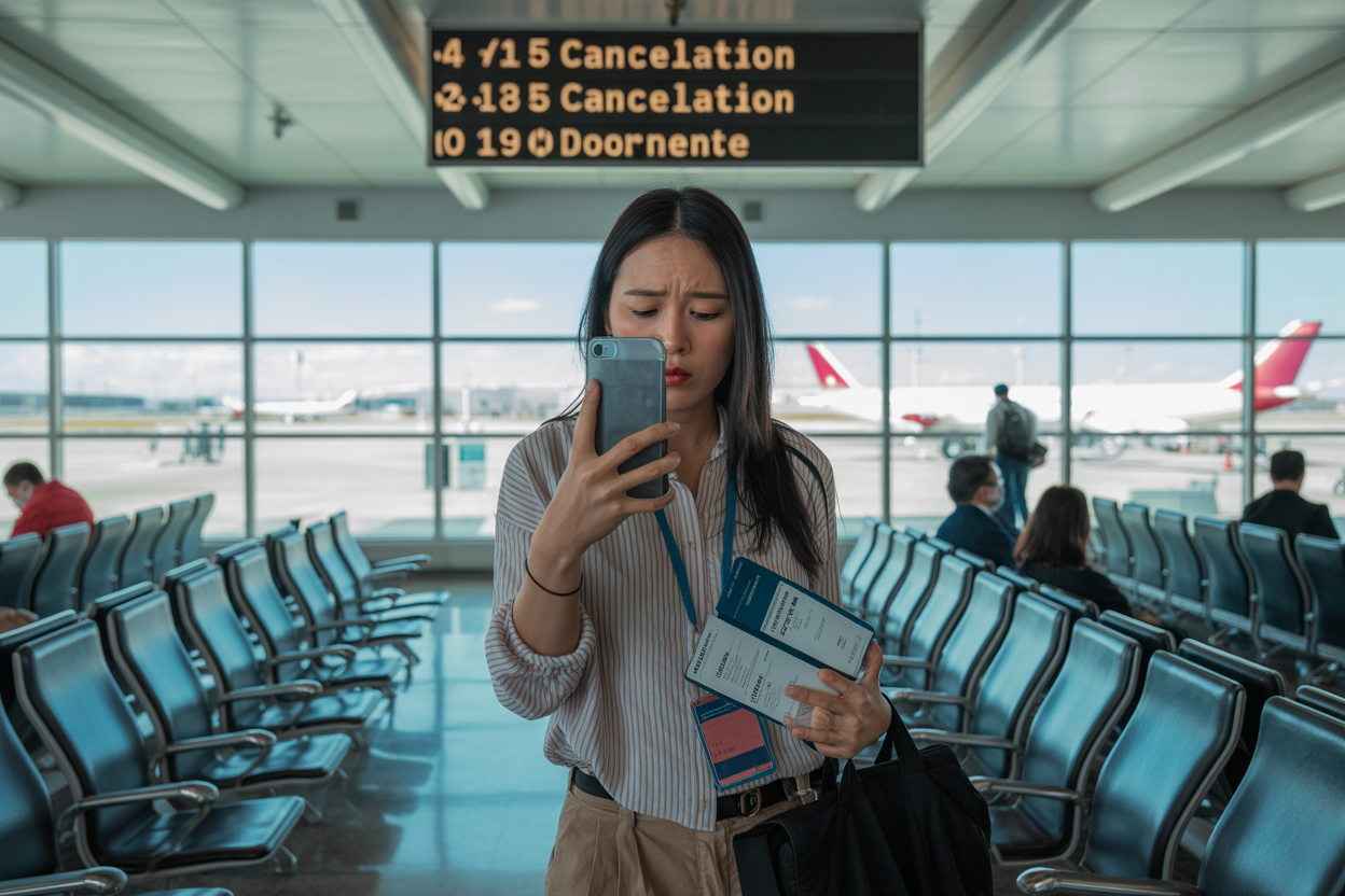 Create a realistic image of a stressed Asian female traveler at an airport gate holding a smartphone to take photos of a flight cancellation announcement board, with her other hand holding boarding passes and airport documents, surrounded by departure gate seating with other concerned passengers in the background, under bright fluorescent airport lighting with large windows showing aircraft on the tarmac, capturing the urgency and importance of documenting the cancellation moment, absolutely NO text should be in the scene.