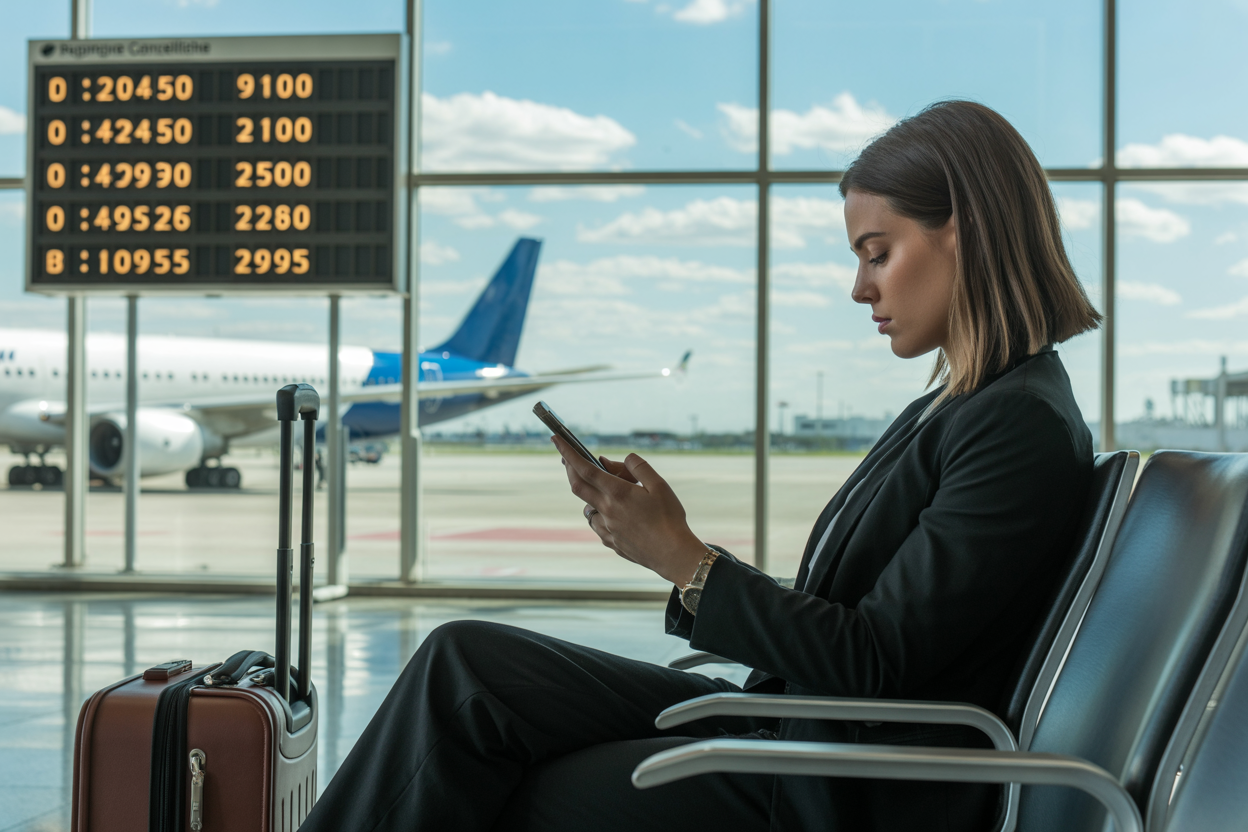 Create a realistic image of a white female passenger sitting at an airport gate area holding a smartphone while looking at a departure board showing flight cancellations, with her luggage beside her, airplane visible through large terminal windows in the background, professional lighting with a focused and determined mood as she researches compensation options, absolutely NO text should be in the scene.