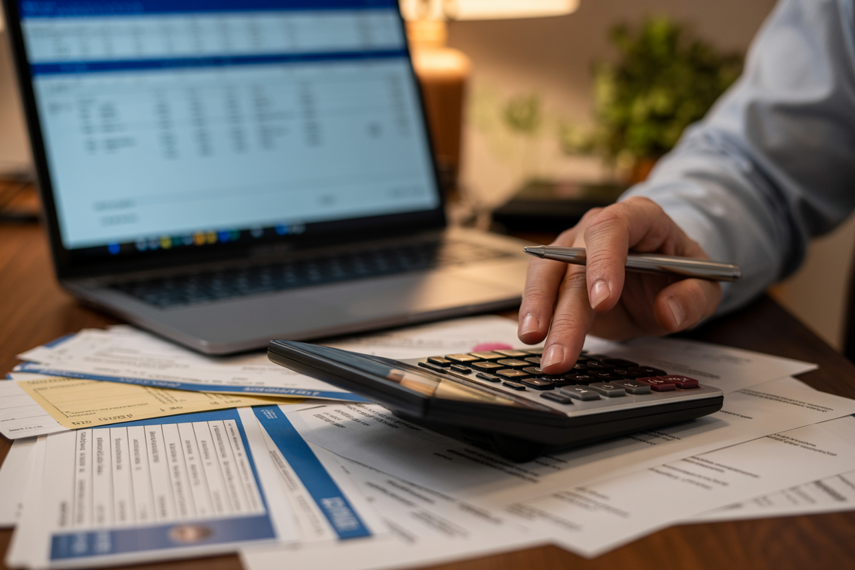 Create a realistic image of a close-up view of a calculator with financial documents and airline tickets scattered on a wooden desk, showing a person's hands (white male) using the calculator to compute numbers, with a laptop screen partially visible in the background displaying flight information, warm indoor lighting creating a focused work atmosphere, absolutely NO text should be in the scene.