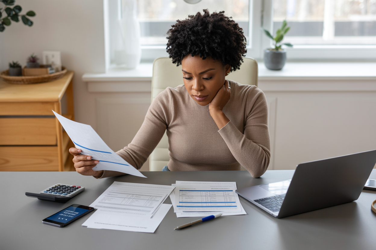 Create a realistic image of a focused black female sitting at a modern desk with a laptop computer open, carefully reviewing airline compensation documents and forms spread across the desk, with a smartphone displaying a flight cancellation notification nearby, a calculator and pen beside the papers, in a well-lit home office environment with natural lighting from a window, conveying a determined and organized mood as she strategically prepares her compensation claim, absolutely NO text should be in the scene.