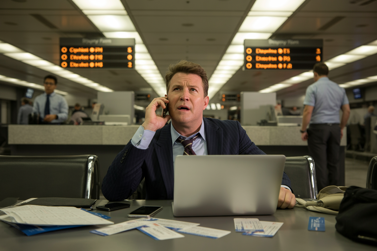 Create a realistic image of a frustrated white male passenger in business attire sitting at an airport gate area with a laptop open, phone in hand, appearing to be in the middle of an important call or correspondence, with airline staff visible in the background behind a service counter, dramatic lighting with overhead fluorescent airport lighting creating a tense atmosphere, scattered travel documents and boarding passes on the table beside him, departure boards showing cancelled flights in the background, conveying determination and persistence in a challenging situation, absolutely NO text should be in the scene.
