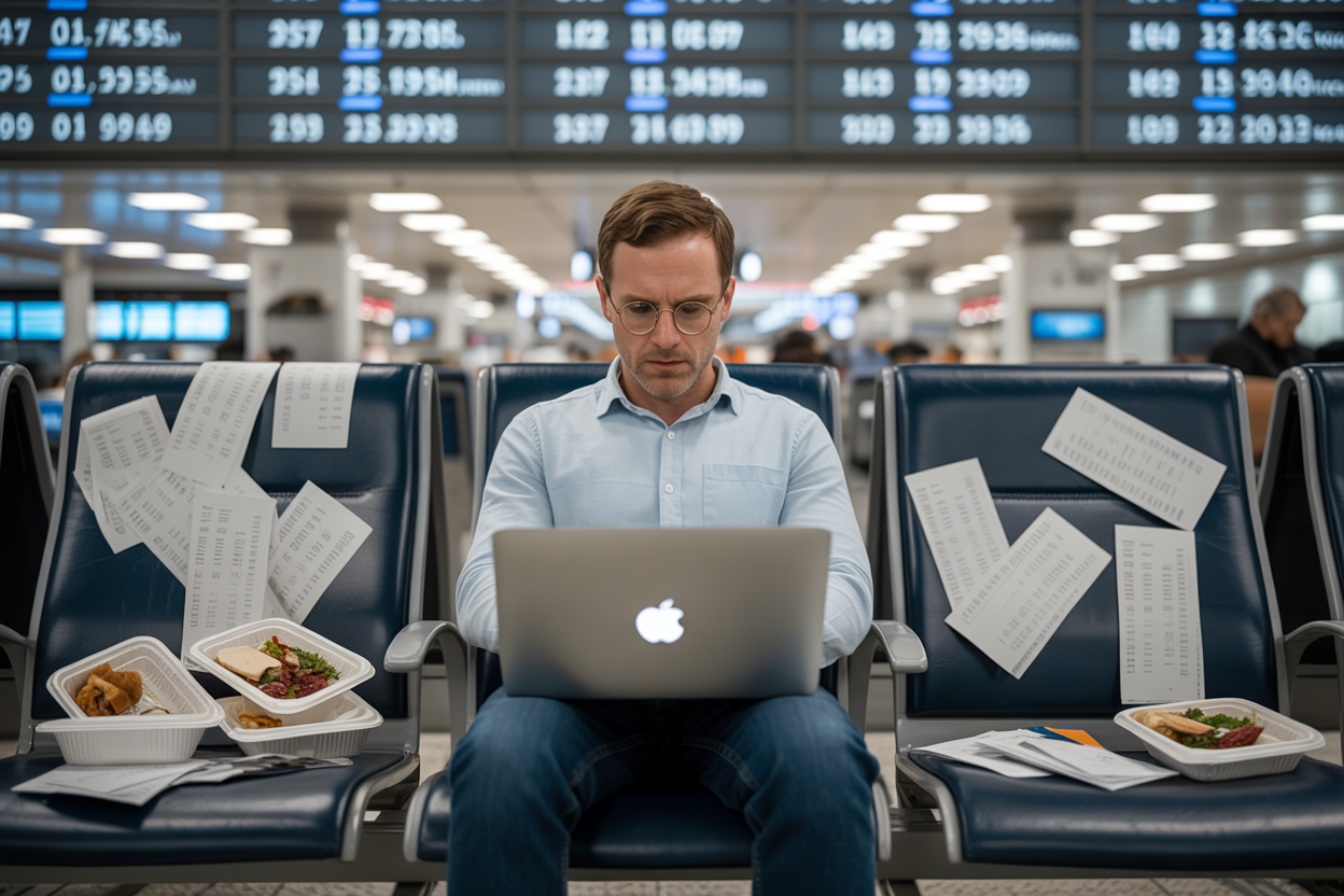 Create a realistic image of a stressed white male traveler sitting at an airport gate with a laptop open, surrounded by scattered receipts, meal containers, hotel booking confirmations, and transportation documents on nearby seats, with delayed flight information boards visible in the blurred background, under bright fluorescent airport lighting, conveying the atmosphere of someone carefully documenting and organizing travel expenses after a flight cancellation, absolutely NO text should be in the scene.