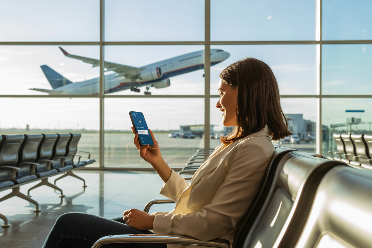 Create a realistic image of a satisfied white female traveler sitting at an airport gate holding a smartphone displaying a payment notification, with a large commercial airplane visible through floor-to-ceiling windows in the background, modern airport terminal with comfortable seating and natural lighting streaming through the windows, conveying a sense of relief and success, absolutely NO text should be in the scene.