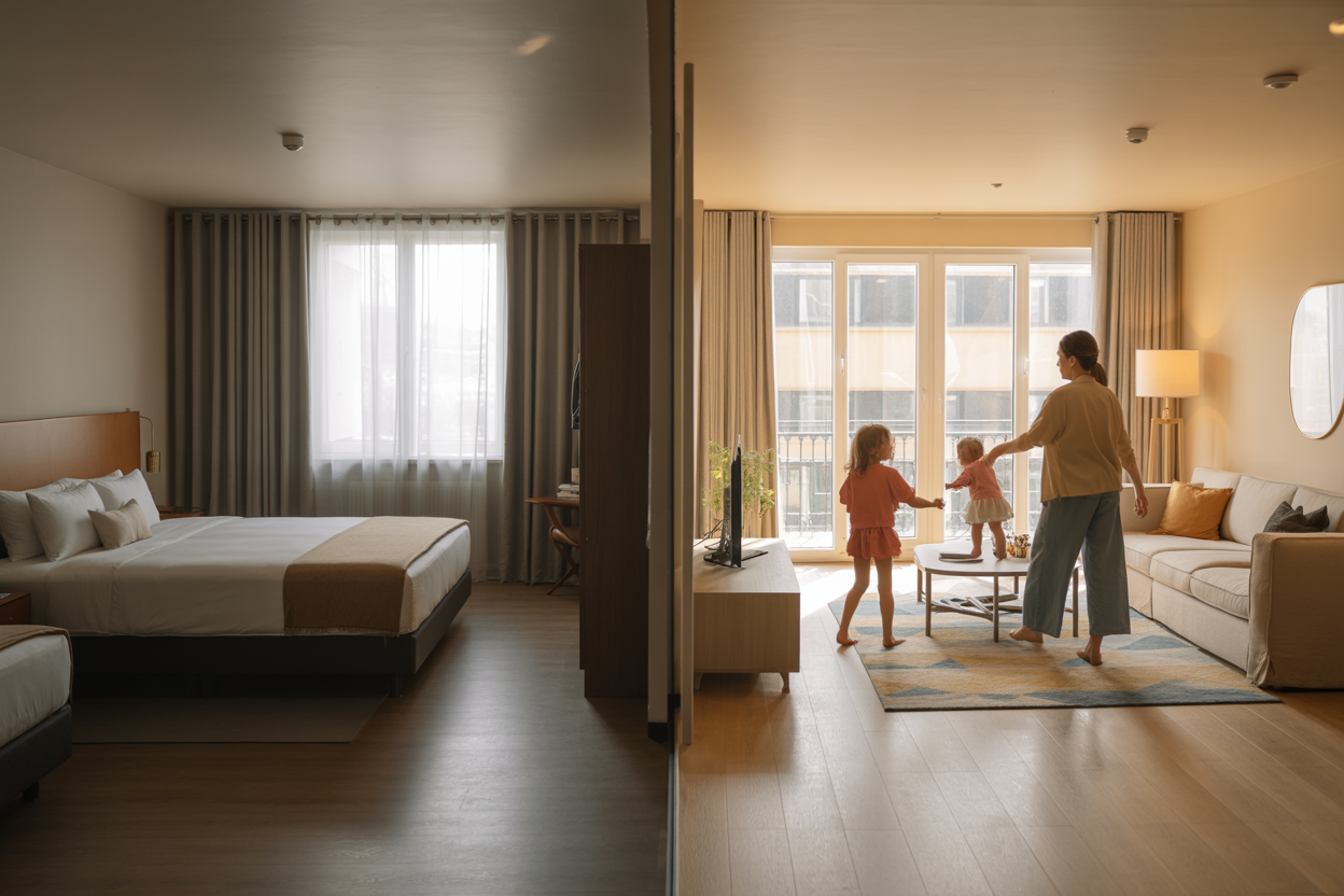 Create a realistic image of a split-screen comparison showing a cramped hotel room on the left with a small bed, limited floor space, and basic amenities, versus a spacious apartment living area on the right with multiple rooms, comfortable seating, and ample space for a white family with two children to move around freely, featuring warm natural lighting streaming through windows, modern furniture, and a welcoming atmosphere that emphasizes comfort and roominess for family activities, with absolutely NO text in the scene.