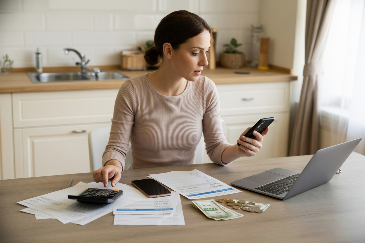 Create a realistic image of a family budget planning scene with a white female parent sitting at a modern kitchen table with financial documents, calculator, laptop, and smartphone spread out, comparing hotel and apartment rental costs, with neat stacks of bills and coins nearby, warm natural lighting from a window, clean contemporary home interior background, focused and thoughtful mood as she analyzes expenses for family accommodation options, absolutely NO text should be in the scene.