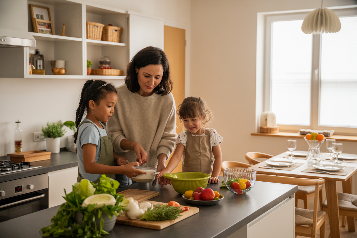 Create a realistic image of a modern apartment kitchen with a white female parent and two young children preparing a healthy meal together, showing fresh ingredients like vegetables and fruits on the counter, open cabinets revealing organized food storage, a dining table set for family meal in the background, warm natural lighting from a window, creating a cozy family atmosphere that emphasizes the convenience and benefits of having kitchen access while traveling, absolutely NO text should be in the scene.