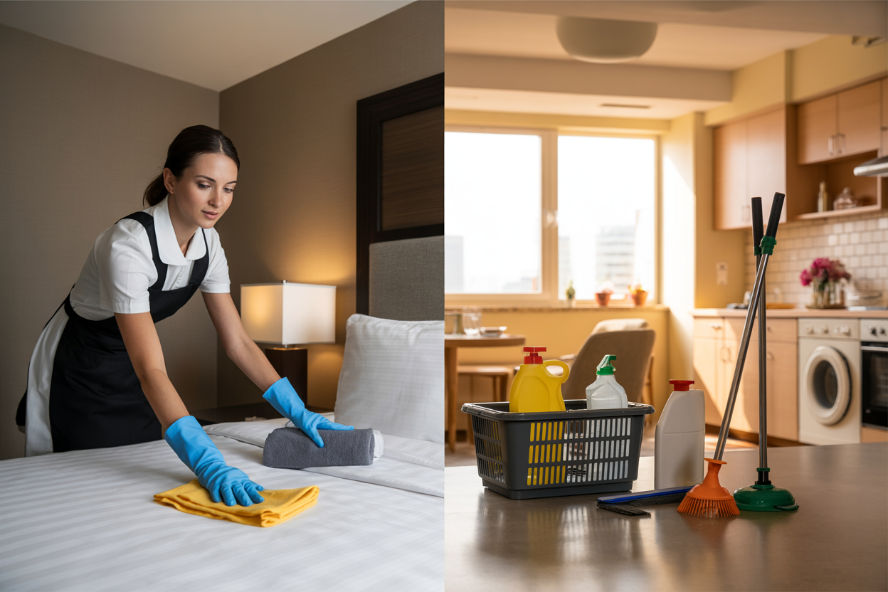 Create a realistic image of a split-screen comparison showing hotel housekeeping services on the left side with a white female housekeeper in uniform making a bed and cleaning a modern hotel room, and on the right side showing apartment living with cleaning supplies, laundry basket, and maintenance tools like a plunger and toolkit arranged on a kitchen counter in a residential apartment setting, with warm natural lighting from windows, emphasizing the contrast between professional hotel services versus self-maintenance responsibilities in apartments, absolutely NO text should be in the scene.