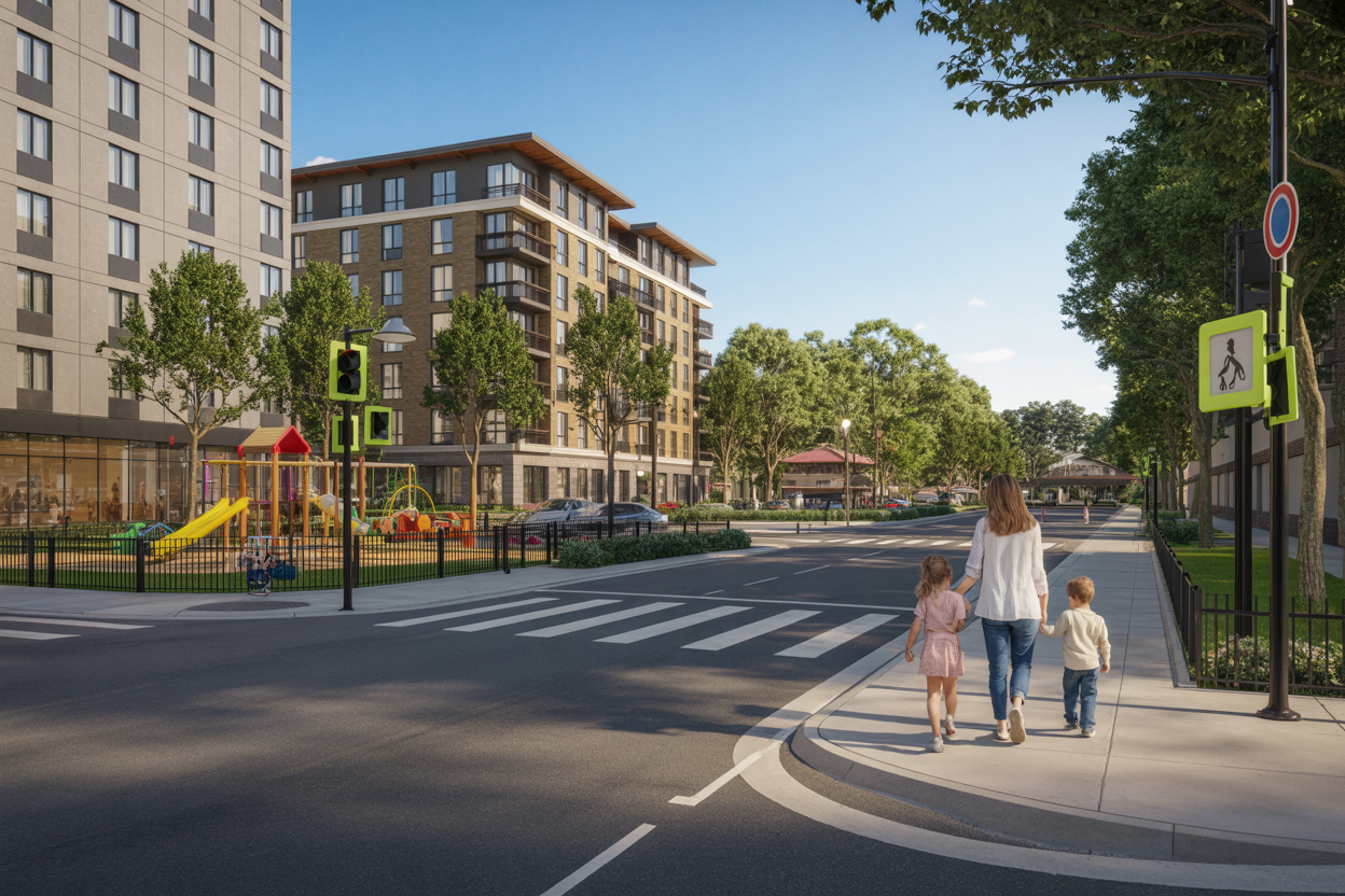 Create a realistic image of a safe family-friendly neighborhood street showing both a modern hotel building and residential apartment complex side by side, with a nearby playground featuring swings and slides, tree-lined sidewalks with proper lighting, crosswalks with safety signals, and a white female parent with two children walking safely toward a park area in the background, bright daylight setting with clear blue sky, well-maintained urban environment suggesting security and accessibility for family activities, absolutely NO text should be in the scene.