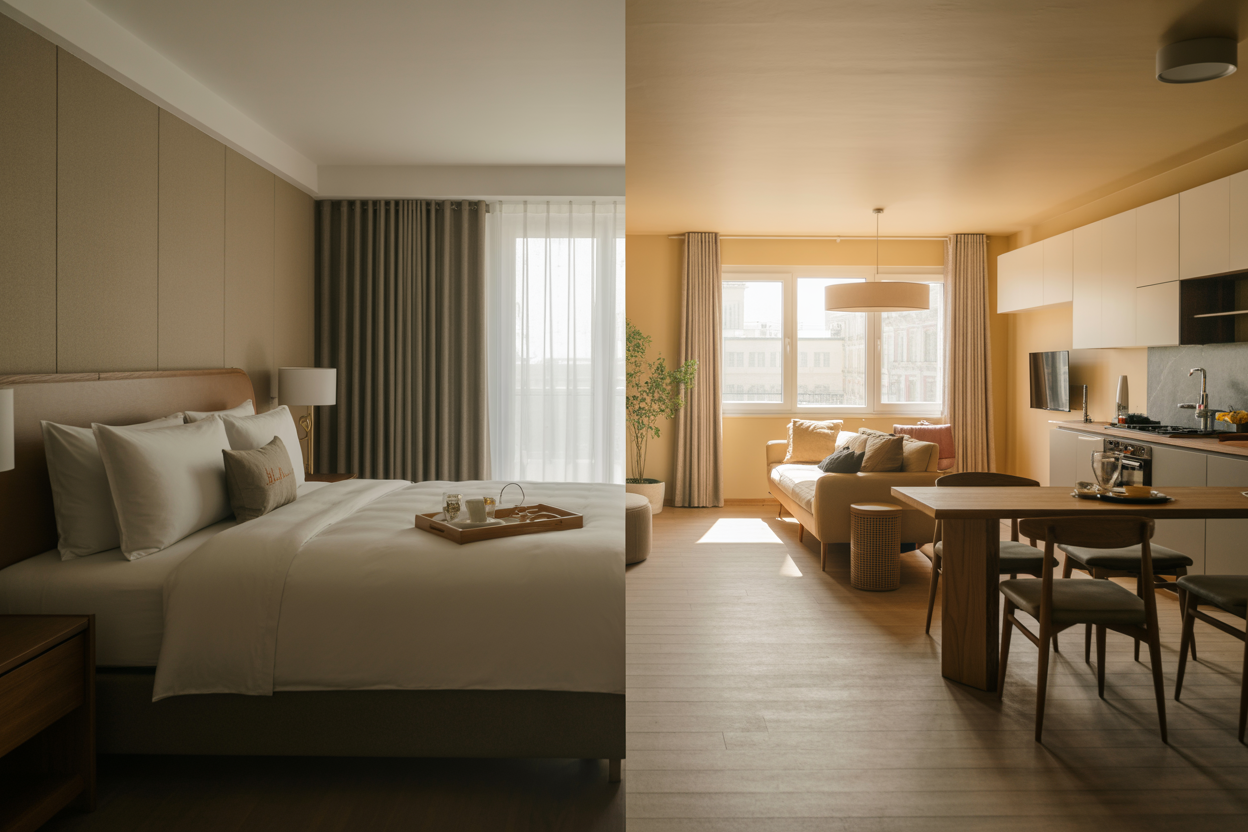 Create a realistic image of a split-screen composition showing a modern hotel room on the left side with a neatly made bed, room service tray, and hotel amenities, and a cozy apartment living space on the right side with a kitchen area, dining table, and family-friendly furniture, with a warm and inviting atmosphere, soft natural lighting streaming through windows, and a peaceful residential setting that conveys comfort and decision-making for families, absolutely NO text should be in the scene.