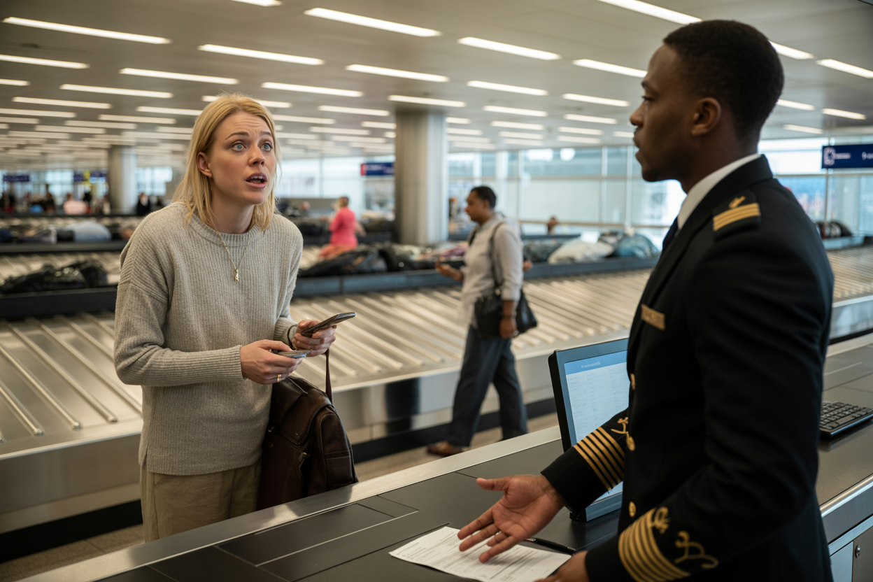 Create a realistic image of a stressed white female traveler standing at an airport baggage claim customer service counter speaking to a black male airline representative in uniform, with empty baggage carousel in the background, fluorescent airport lighting, the woman holding her boarding pass and phone, the customer service desk has a computer and paperwork, modern airport terminal setting with other travelers walking by in the distance, professional yet concerned atmosphere. Absolutely NO text should be in the scene.