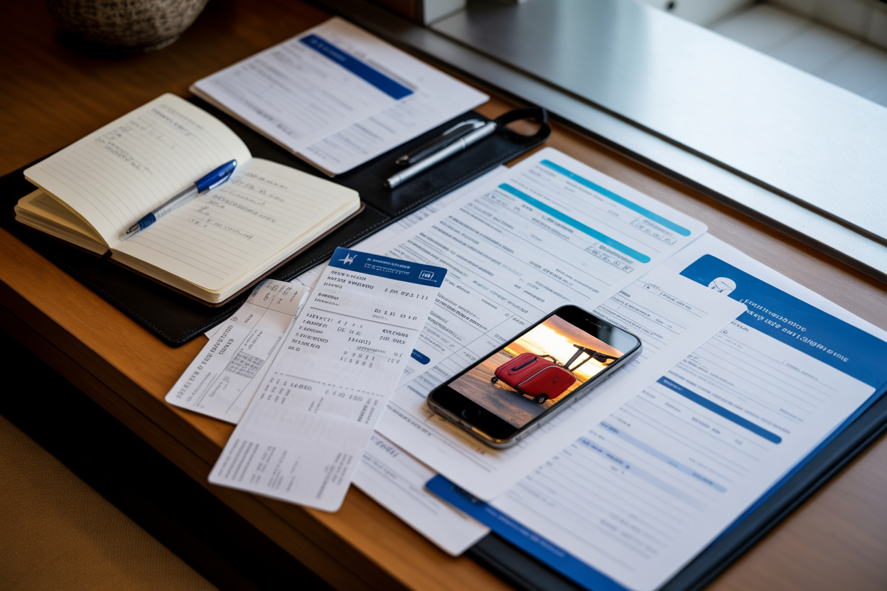 Create a realistic image of a traveler's organized documentation setup on a hotel room desk, featuring scattered airline receipts, boarding passes, baggage claim tickets, and a smartphone displaying a photo of damaged luggage, with a notebook containing handwritten notes, a pen, and official airline correspondence forms spread across the wooden surface, soft natural lighting from a nearby window, professional and methodical atmosphere suggesting careful record-keeping, absolutely NO text should be in the scene.