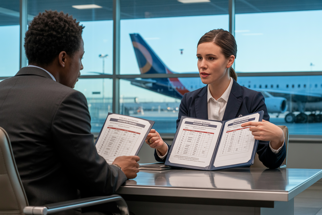 Create a realistic image of a professional consultation scene featuring a white female airline representative sitting across from a black male traveler at a modern airport customer service desk, with official airline policy documents and compensation charts spread between them, the representative pointing to specific sections while explaining passenger rights, set in a clean contemporary airport terminal with large windows showing aircraft in the background, professional lighting creating a helpful and informative atmosphere, absolutely NO text should be in the scene.
