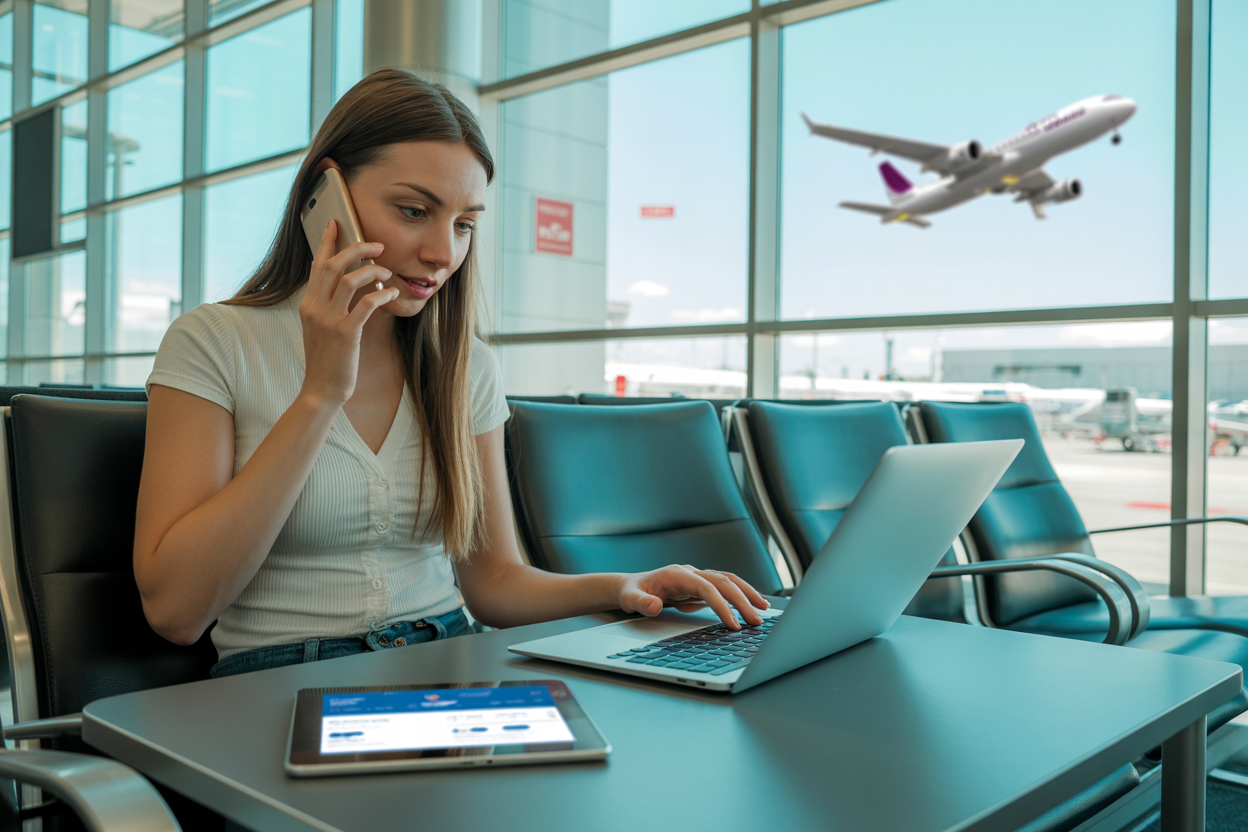 Create a realistic image of a white female traveler sitting at an airport terminal using multiple devices simultaneously - holding a smartphone to her ear while typing on a laptop computer, with a tablet displaying an airline website visible on the table beside her, surrounded by modern airport seating and large windows showing aircraft in the background, bright natural lighting creating a busy but organized atmosphere, absolutely NO text should be in the scene.