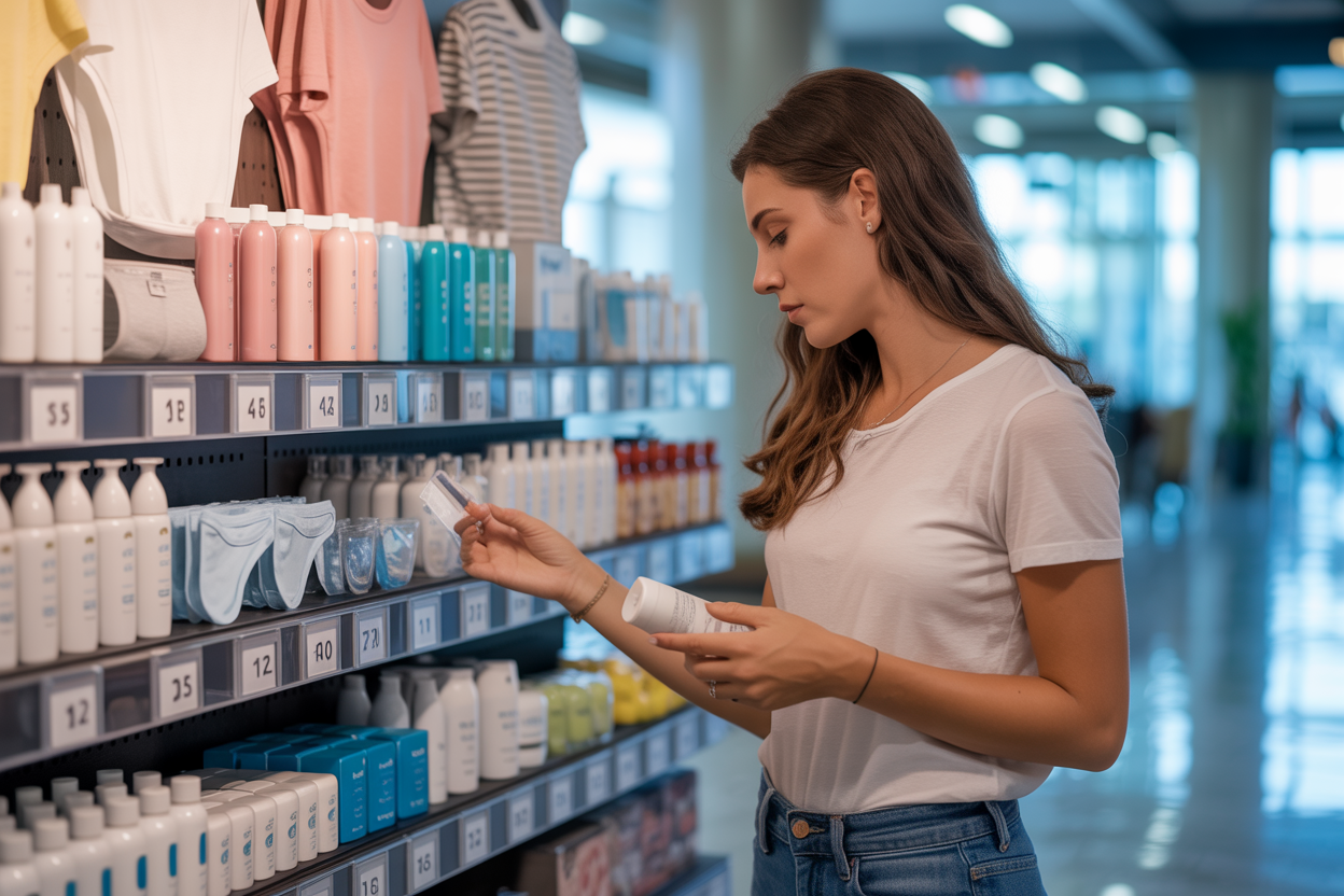 Create a realistic image of a white female traveler in an airport or hotel lobby carefully selecting essential items from a display of travel necessities including toiletries, underwear, a basic t-shirt, and travel-sized products, with her examining price tags and comparing options, bright indoor lighting, modern retail environment with organized shelves and displays, conveying a sense of practical decision-making and strategic shopping, absolutely NO text should be in the scene.