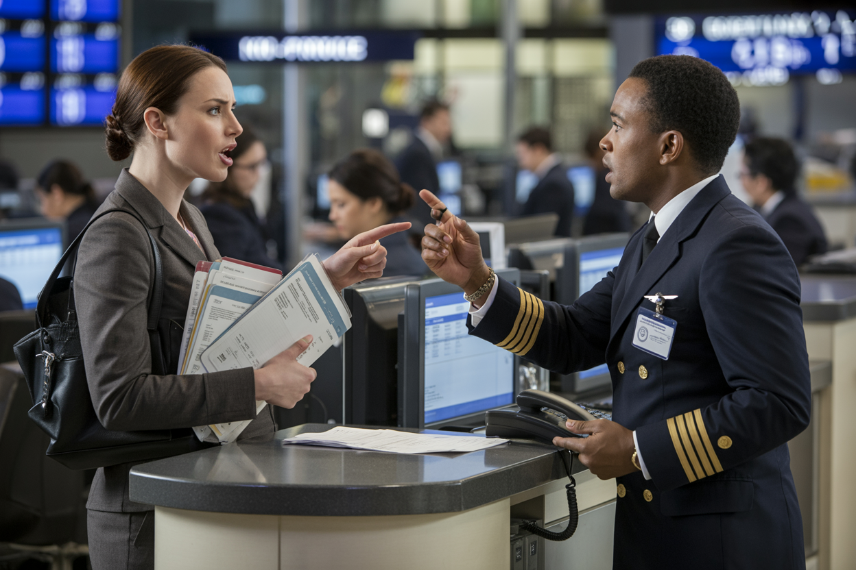 Create a realistic image of a frustrated white female traveler standing at an airport customer service counter speaking intensely with a black male airline supervisor who is wearing a formal uniform with supervisor badge, the woman is holding multiple documents and pointing assertively while the supervisor looks concerned and is reaching for a phone, behind them are other airline staff members working at computers, the scene is set in a busy airport terminal with departure boards visible in the background, dramatic lighting emphasizes the serious nature of the escalated conversation, absolutely NO text should be in the scene.