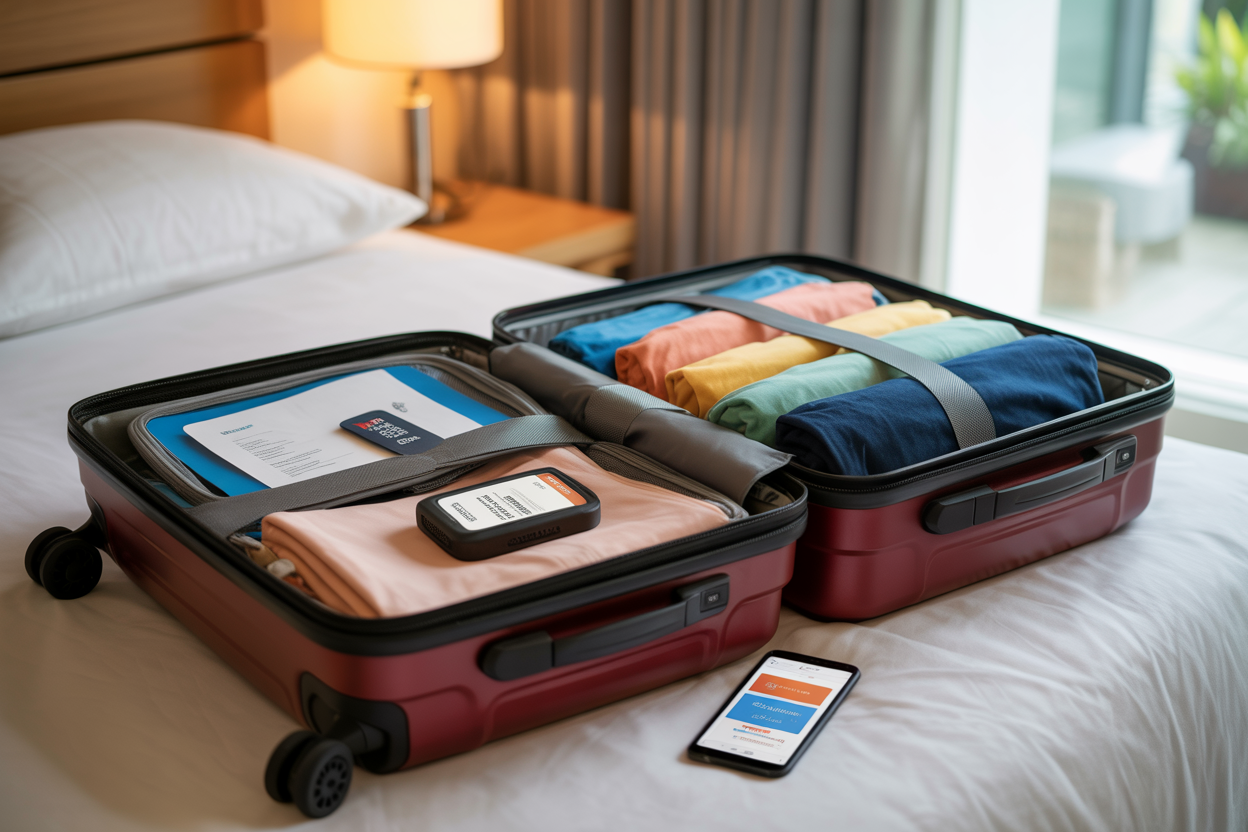 Create a realistic image of an organized open suitcase on a bed showing smart packing techniques with colorful packing cubes neatly arranged, a luggage tag prominently displayed, a GPS tracker device placed on top of folded clothes, travel documents in a clear organizer pocket, and a smartphone nearby displaying a luggage tracking app, with soft natural lighting from a nearby window creating a clean and methodical travel preparation atmosphere, absolutely NO text should be in the scene.