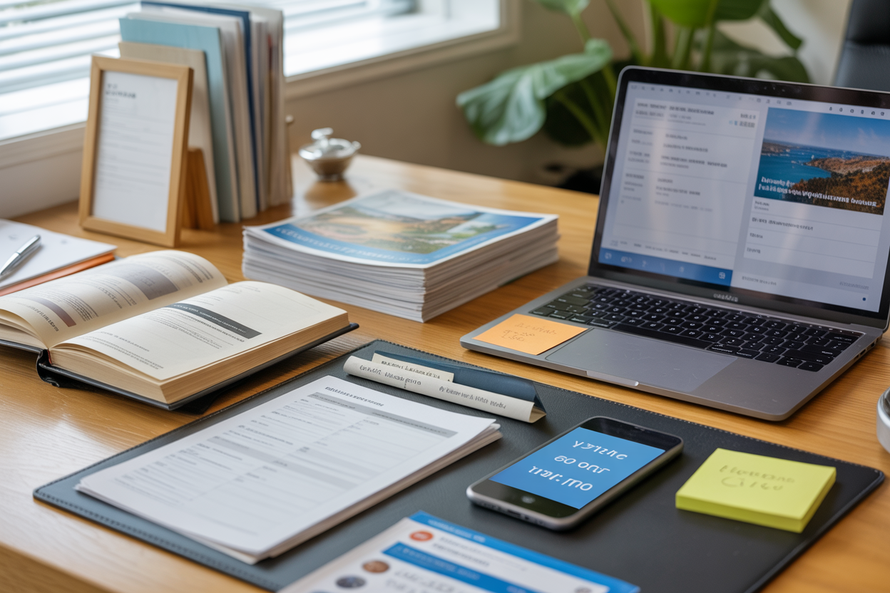 Create a realistic image of a modern office desk with organized reference materials including open travel guidebooks, printed documents, a laptop displaying travel websites, sticky notes with important information, a phone showing airline contact numbers, and neat stacks of helpful travel resource papers, all arranged in a professional workspace setting with soft natural lighting from a window, absolutely NO text should be in the scene.