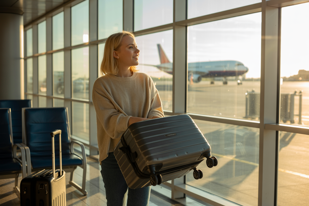 Create a realistic image of a relieved white female traveler in an airport terminal holding her recovered black suitcase with a satisfied smile, standing near a bright departure gate window with planes visible outside, warm golden hour lighting streaming through the glass, with organized luggage and travel documents visible nearby suggesting successful resolution and preparedness, conveying a sense of accomplishment and travel confidence, Absolutely NO text should be in the scene.
