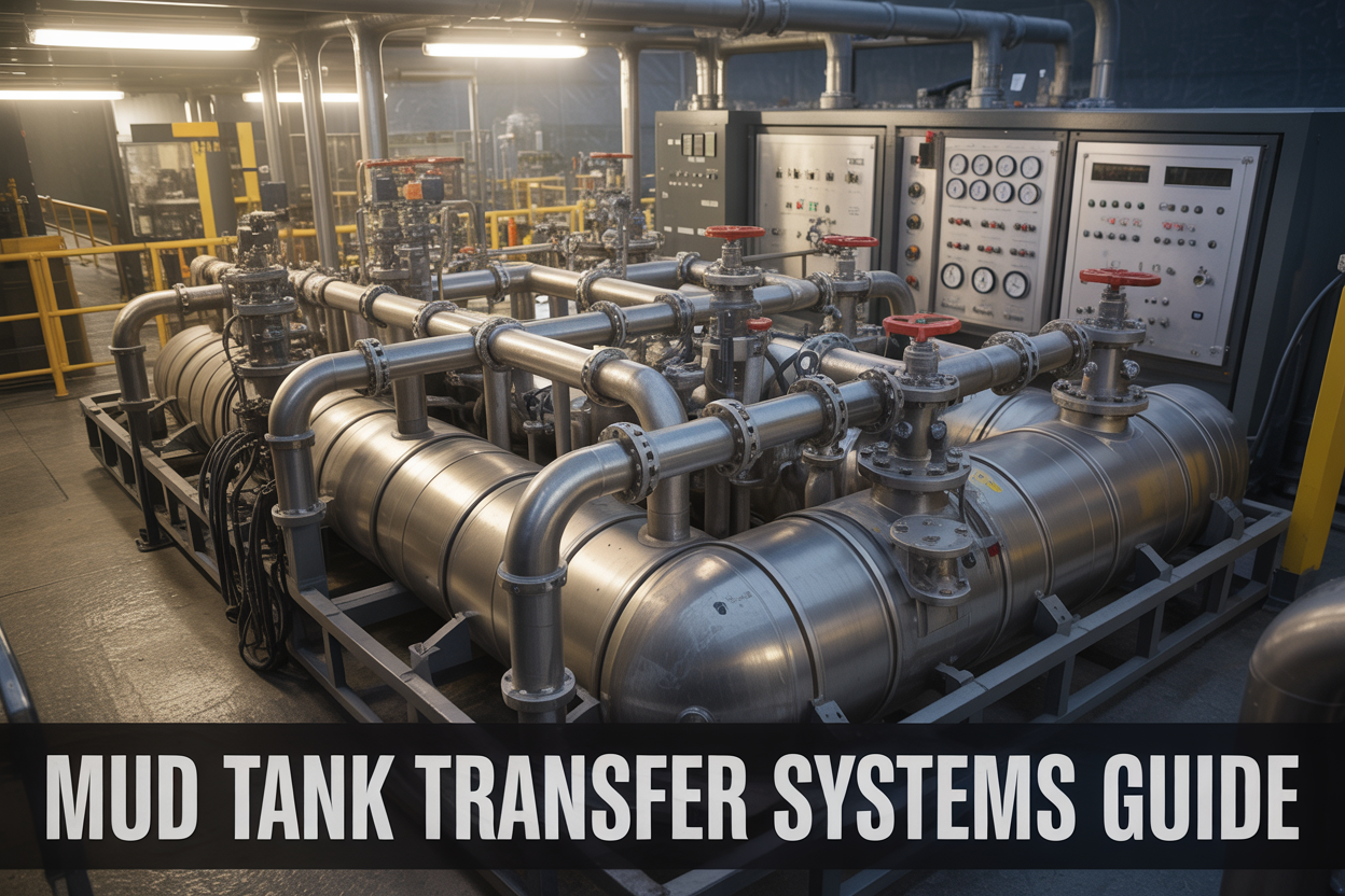 Create a realistic image of a large industrial oil rig mud tank transfer system featuring interconnected steel mud tanks with visible pipelines, valves, and centrifugal pumps in a well-lit rig floor environment, with a complex network of transfer pipes running between multiple large rectangular mud tanks, control panels with gauges and dials visible in the background, overhead industrial lighting casting a professional glow across the metallic equipment, the scene conveying a sense of heavy-duty industrial efficiency and technical precision, with bold white text overlay reading "Mud Tank Transfer Systems Guide" positioned at the bottom of the image on a semi-transparent dark banner.