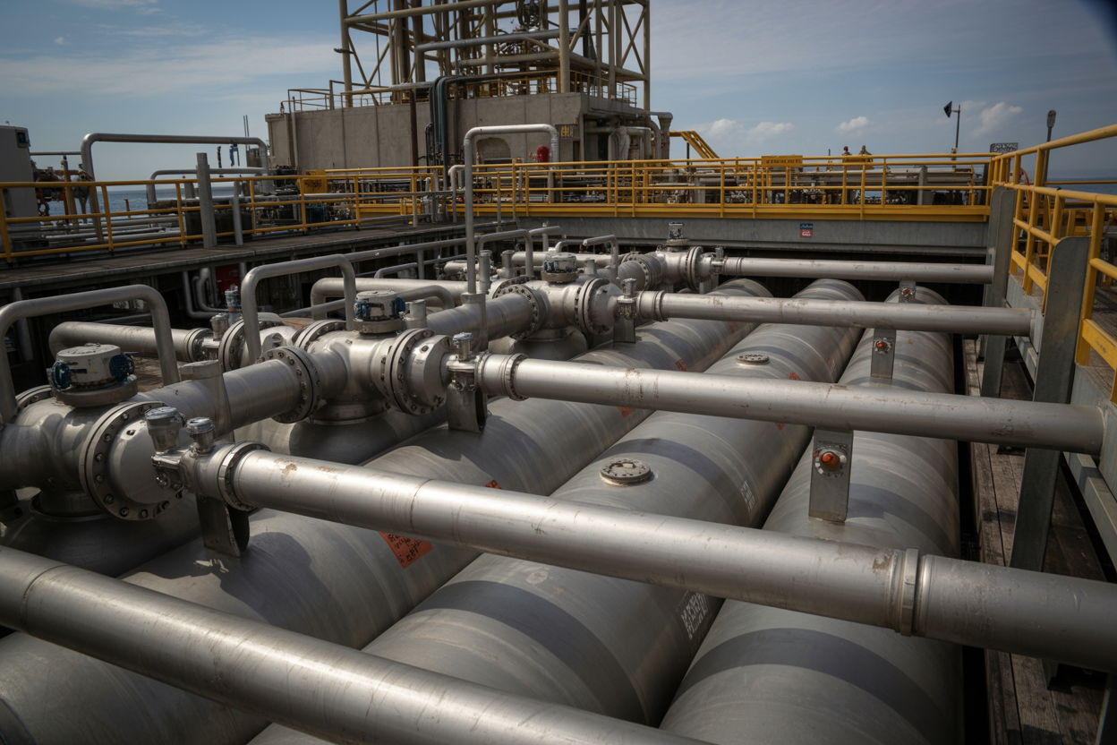 Create a realistic image of a large industrial oil rig mud tank system showing multiple interconnected steel tanks with visible pipes, valves, and pumps transferring drilling mud between compartments, set in an offshore or onshore drilling facility environment, with a focus on the mechanical complexity of the transfer system including centrifugal pumps and pipeline connections, illuminated by bright industrial overhead lighting that highlights the metallic surfaces and fluid flow components, conveying a sense of operational importance and engineering precision, Absolutely NO text should be in the scene.