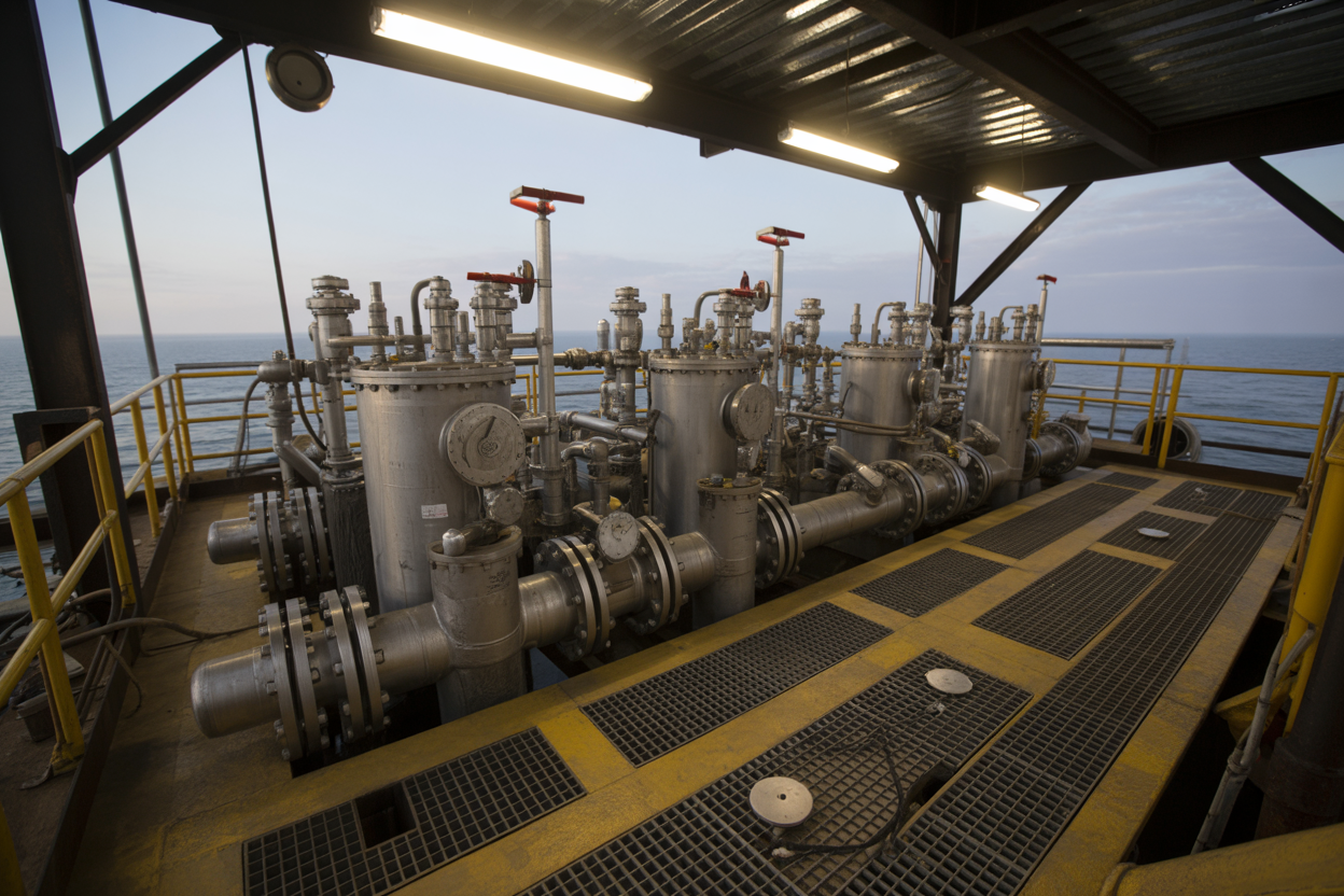 Create a realistic image of a modern oil drilling rig mud tank transfer system featuring multiple large steel mud tanks arranged in a row, interconnected with a network of heavy-duty pipes, valves, and centrifugal pumps, set on an industrial rig floor with grated steel walkways and safety railings, with visible agitators mounted on top of the tanks keeping drilling fluid in motion, industrial lighting illuminating the scene with a mix of overhead fluorescent lights and natural daylight, the overall atmosphere conveying an active and operational drilling environment with a slightly gritty, industrial mood, showcasing the complexity and scale of the mud circulation system with various gauges and control valves visible along the piping network. Absolutely NO text should be in the scene.