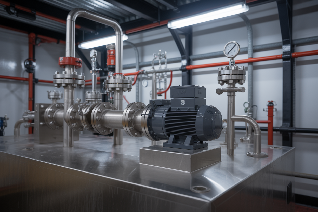 Create a realistic image of a close-up view of industrial mud tank transfer system equipment arranged in an oil rig setting, featuring high-performance centrifugal pumps, heavy-duty valves, stainless steel piping, and flow control hardware mounted on a large metal tank, with bright overhead industrial lighting illuminating the well-maintained mechanical components, conveying a sense of precision engineering and operational efficiency, with a clean and organized background showing additional pipeline connections and pressure gauges. Absolutely NO text should be in the scene.