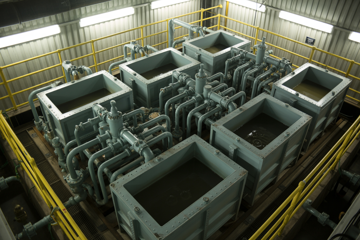 Create a realistic image of a large industrial oil rig mud tank transfer system layout viewed from a slightly elevated angle, featuring multiple interconnected rectangular steel mud tanks arranged in a logical sequential flow pattern, with visible transfer pumps, interconnecting pipes, valves, and manifolds running between the tanks, set inside a well-lit offshore drilling rig mud room with bright industrial overhead lighting casting clean shadows, the equipment is painted in standard industrial green and gray tones with metallic pipe fittings and flanges, the scene conveys a sense of organized engineering efficiency and industrial precision, Absolutely NO text should be in the scene.