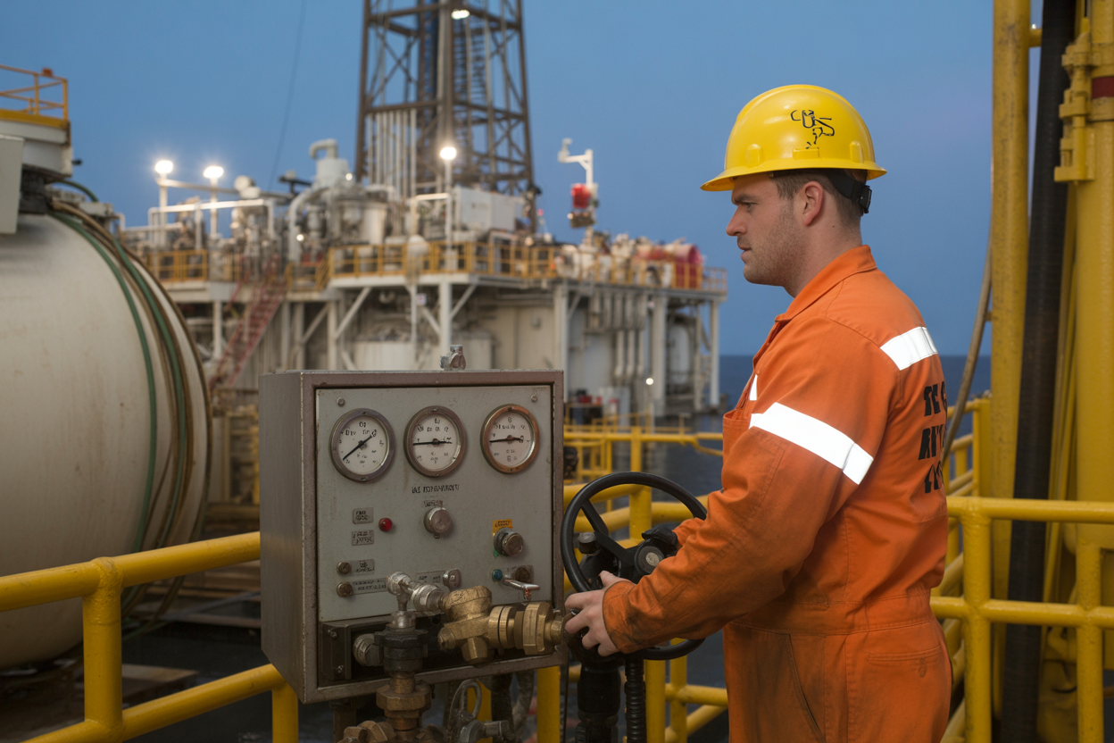 Create a realistic image of a white male oil rig worker in a yellow hard hat and orange safety coveralls standing at a mud tank transfer system control panel on an offshore drilling rig, carefully monitoring gauges and operating valve controls, with large industrial mud tanks and interconnected pipes visible in the background, the scene lit with bright overhead industrial lighting highlighting the equipment, conveying a focused and safety-conscious working atmosphere. Absolutely NO text should be in the scene.
