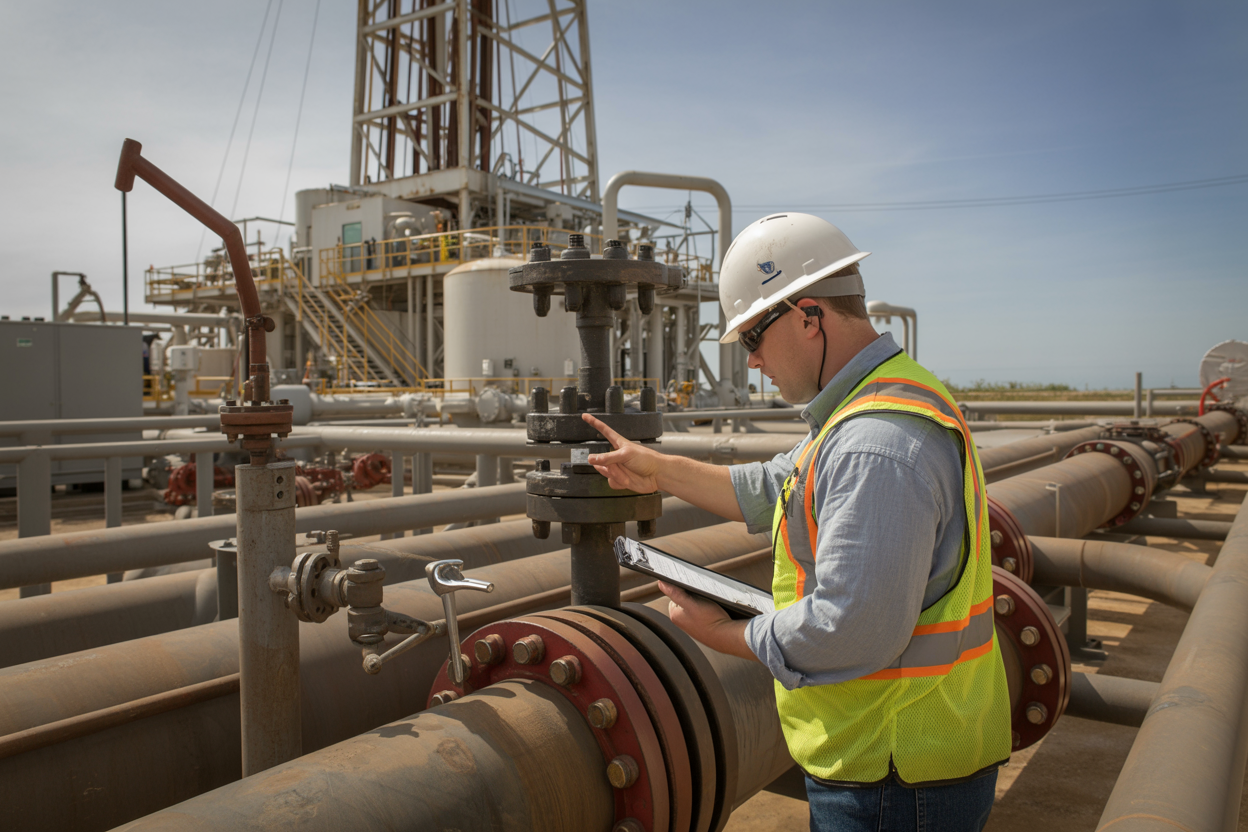 Create a realistic image of a white male technician in a hard hat and safety vest performing maintenance on a large industrial mud tank transfer system at an oil rig facility, carefully inspecting and servicing pipes, valves, and pump connections with a wrench and checklist clipboard nearby, the background showing a well-organized rig mud tank area with large metal tanks, pipelines, and industrial equipment under bright daylight, conveying a professional and methodical maintenance atmosphere with clean, well-maintained machinery highlighted by natural lighting. Absolutely NO text should be in the scene.