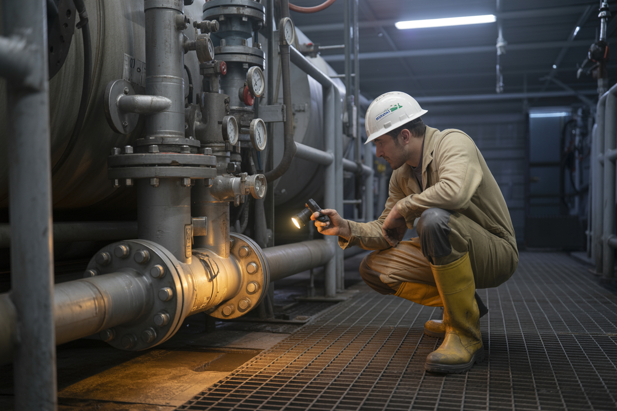 Create a realistic image of a male oil rig worker wearing a hard hat and coveralls, crouching down to inspect a large industrial mud tank transfer system with visible pipes, valves, and gauges, while holding a flashlight to examine a potential leak or blockage in the pipeline connections, set in a dimly lit industrial drilling rig environment with steel grating flooring, overhead industrial lighting casting shadows across the metallic equipment, conveying a focused and technical troubleshooting atmosphere. Absolutely NO text should be in the scene.