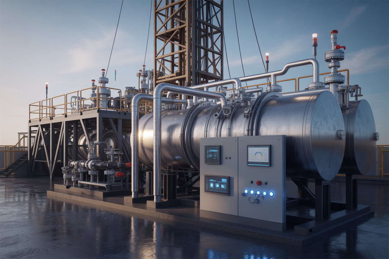 Create a realistic image of a modern oil rig mud tank transfer system featuring advanced digital control panels with glowing touchscreens, automated pipe sensors, and smart monitoring equipment installed along large industrial metal mud tanks, with visible flow meters and automated valve systems integrated into the setup, set in a well-lit industrial rig environment with a clean and high-tech atmosphere, showcasing cutting-edge technology upgrades alongside traditional heavy-duty steel mud tank infrastructure, with blue and white LED indicator lights adding a futuristic yet functional feel to the scene. Absolutely NO text should be in the scene.