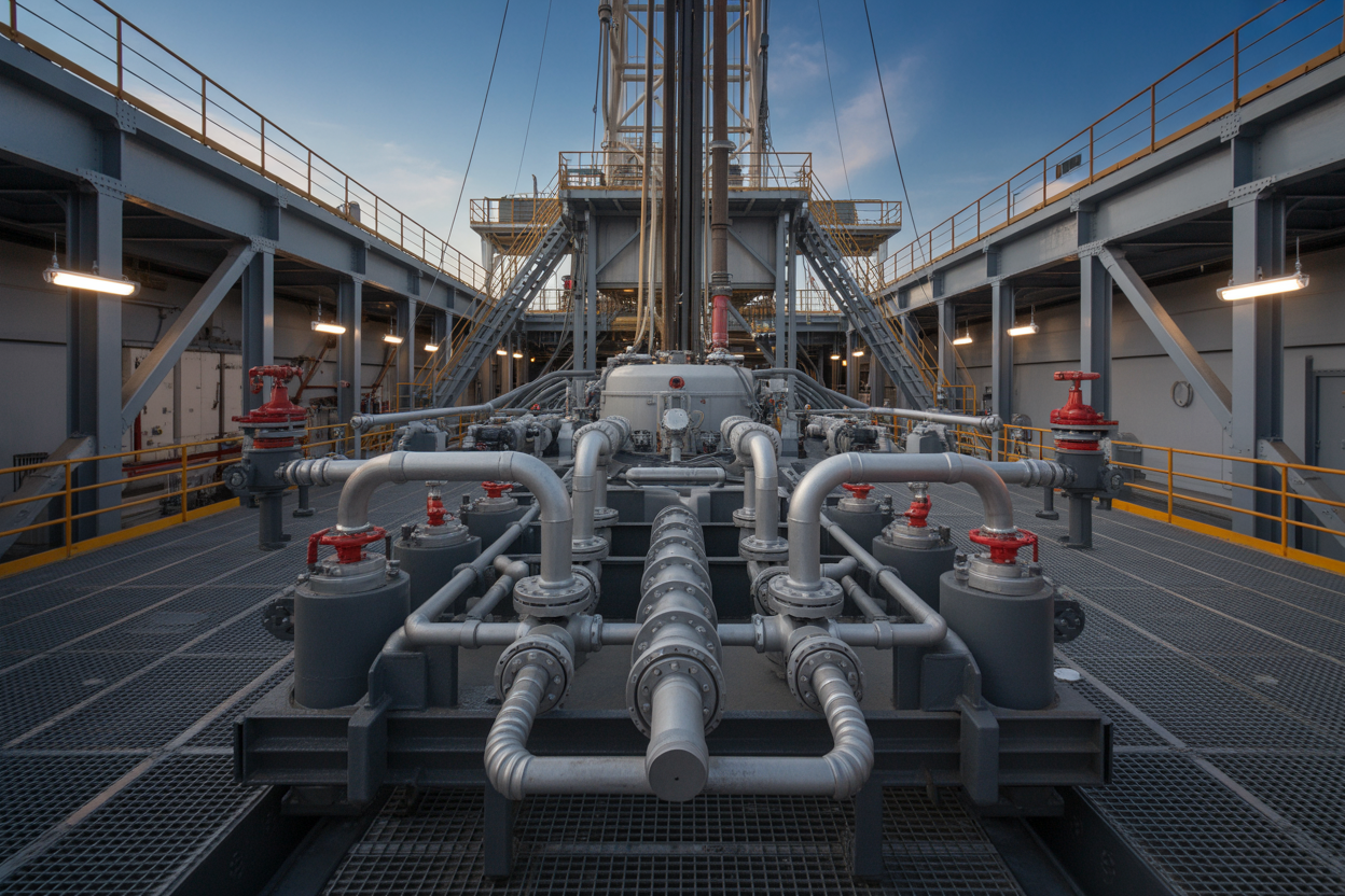 Create a realistic image of a modern oil drilling rig mud tank transfer system captured in a wide-angle perspective, showcasing a large industrial facility with multiple interconnected mud tanks, heavy-duty transfer pumps, and a network of pipes and valves arranged in an organized layout, the scene illuminated by bright overhead industrial lighting that highlights the clean metallic surfaces of the equipment, the background featuring the interior of a well-maintained rig facility with steel grating floors and structural supports, conveying a sense of efficiency, advanced engineering, and operational excellence, with a professional and authoritative mood that reflects mastery of the subject, Absolutely NO text should be in the scene.